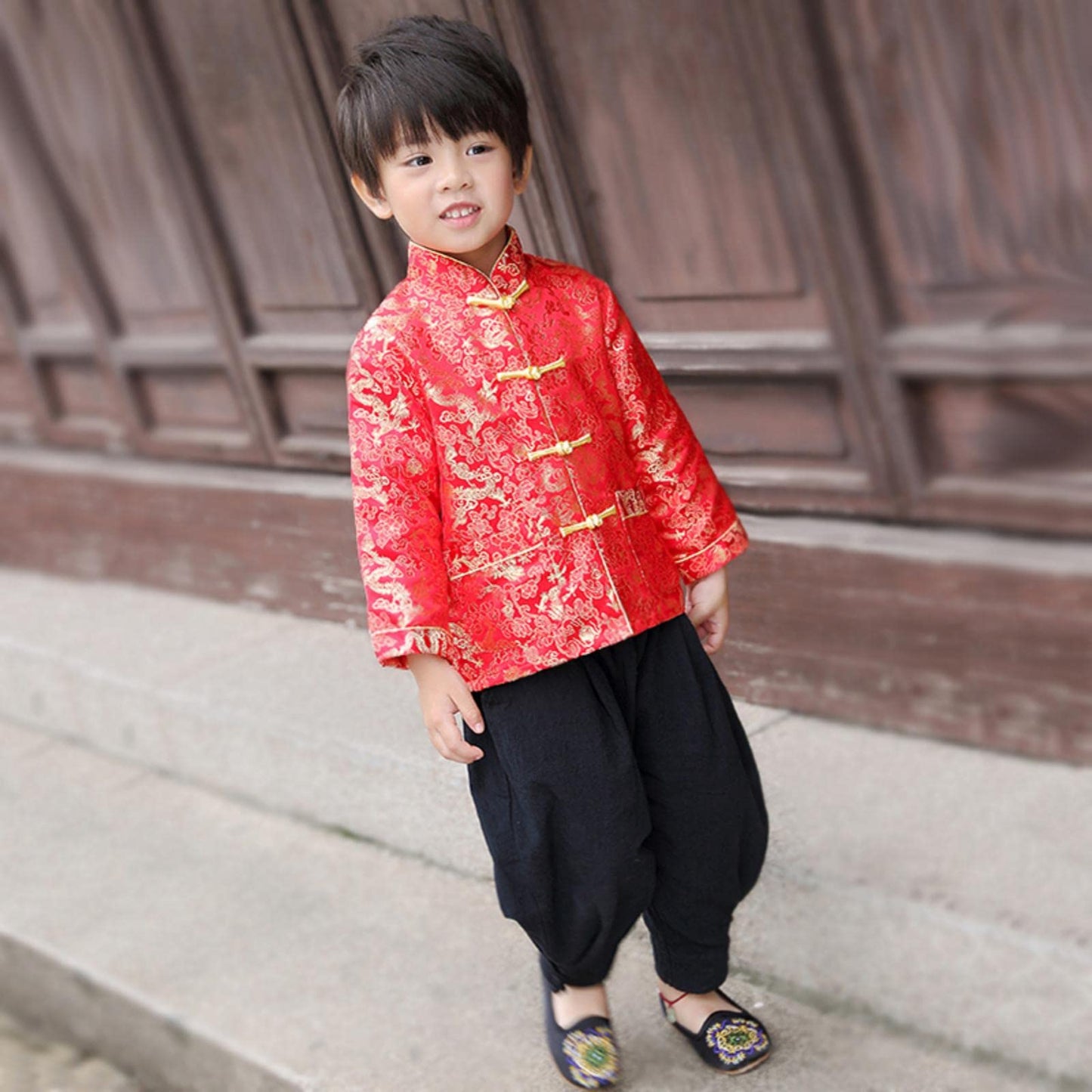Noubeau Boy Tang Suit Dragon Long Sleeve Shirt - Red, 10-12 Years | Chinese New Year Outfit