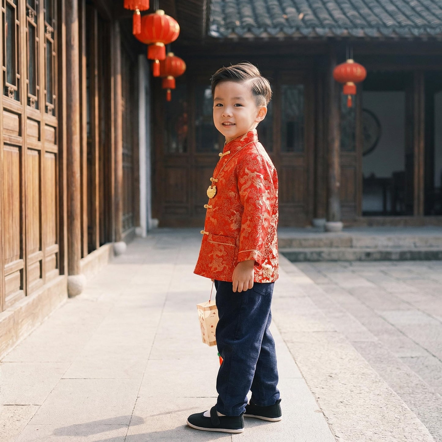 Noubeau Boy Tang Suit Dragon Long Sleeve Shirt - Red, 10-12 Years | Chinese New Year Outfit