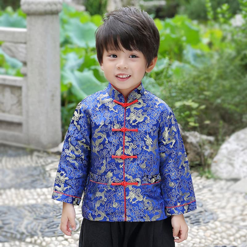 Noubeau Boy Tang Suit Dragon Long Sleeve Shirt – Chinese New Year Kids Outfit (Blue, 10-12)
