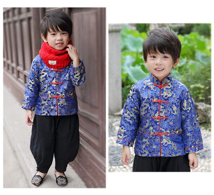 Noubeau Boy Tang Suit Dragon Long Sleeve Shirt – Blue, 6-8 Years | Chinese New Year Outfit