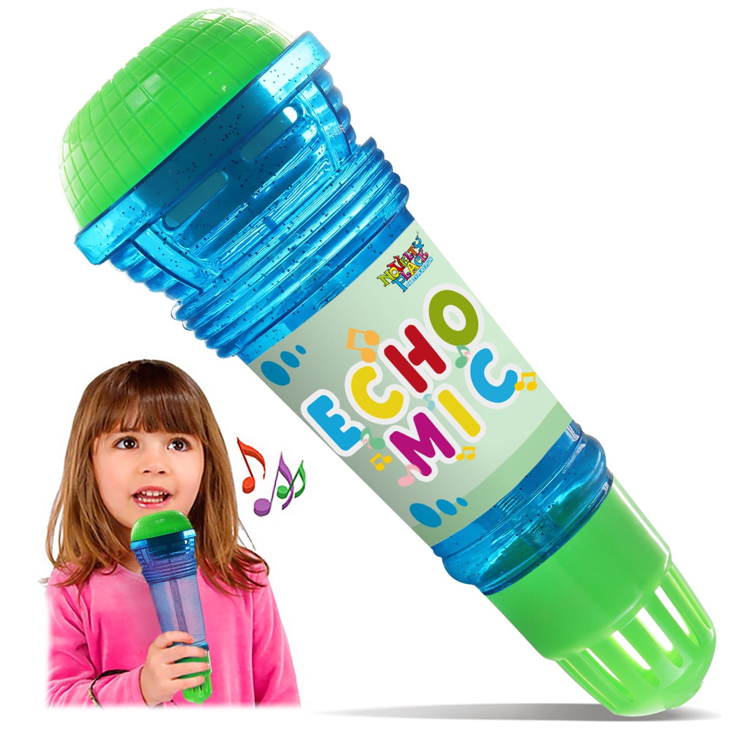 Novelty Place Echo Mic for Kids – Battery-Free Retro Karaoke Microphone 10-Inch Blue & Green