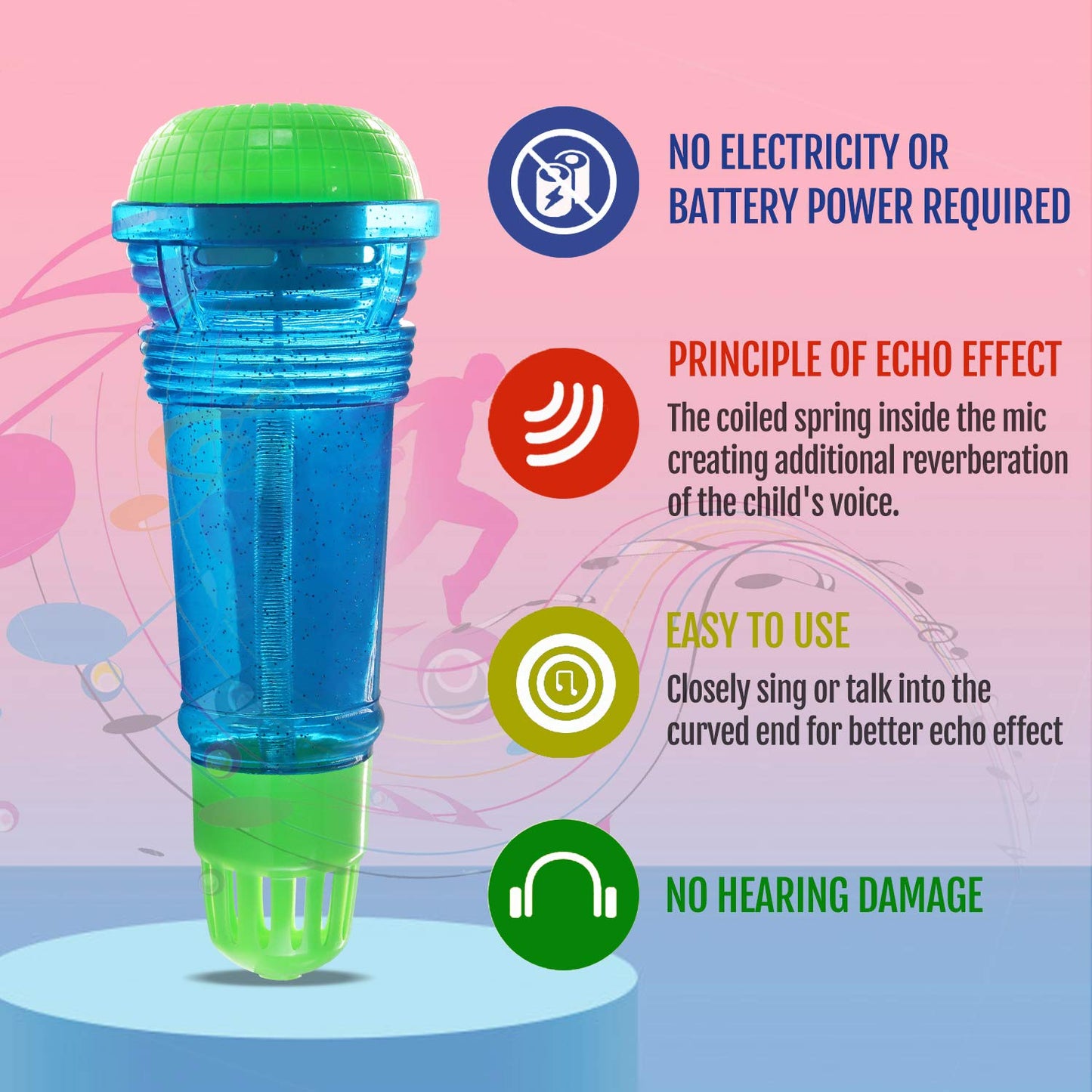 Novelty Place Echo Mic for Kids – Battery-Free Retro Karaoke Microphone 10-Inch Blue & Green