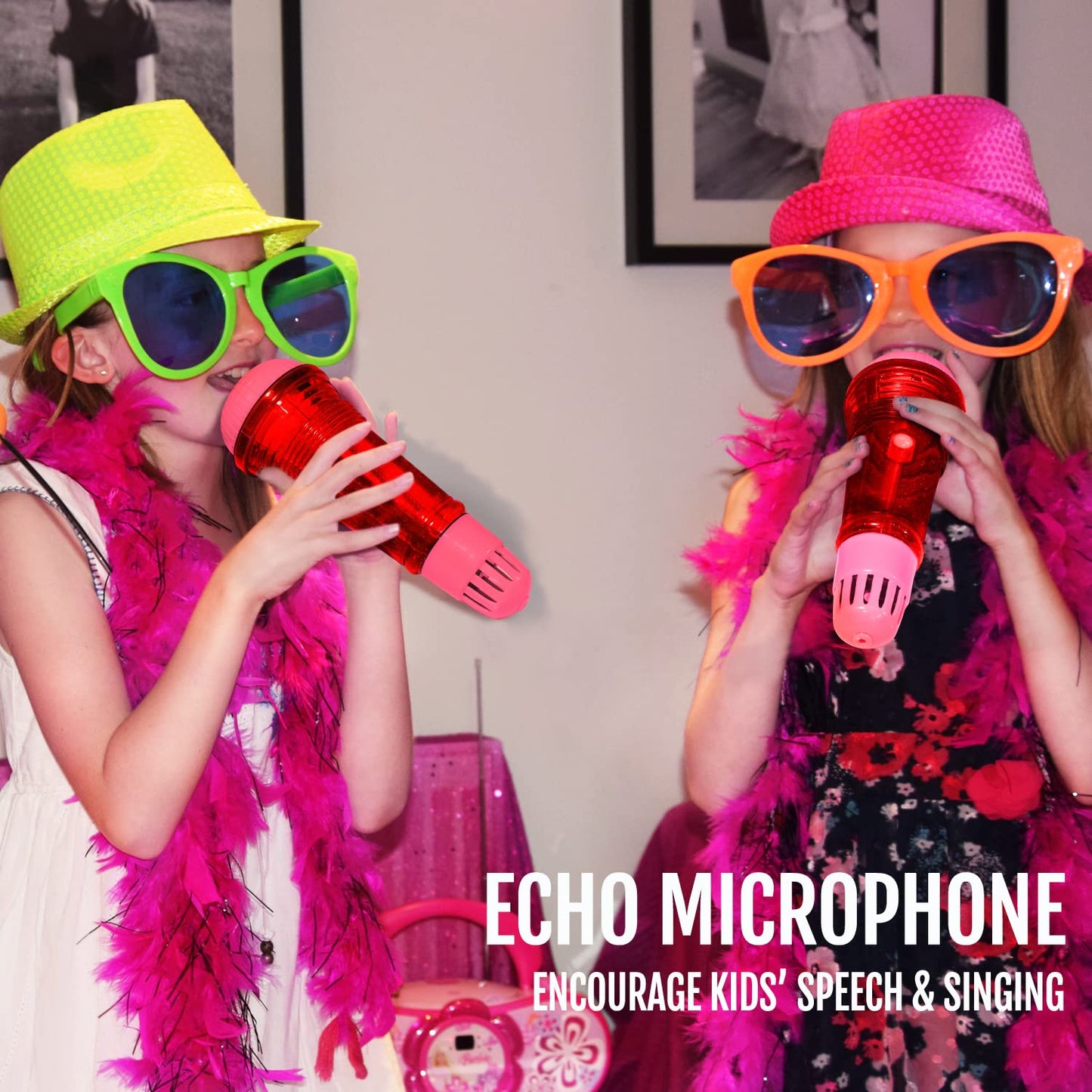 Novelty Place Echo Mic for Kids - Battery-Free Echo Karaoke Microphone (10-inch) Red & Pink