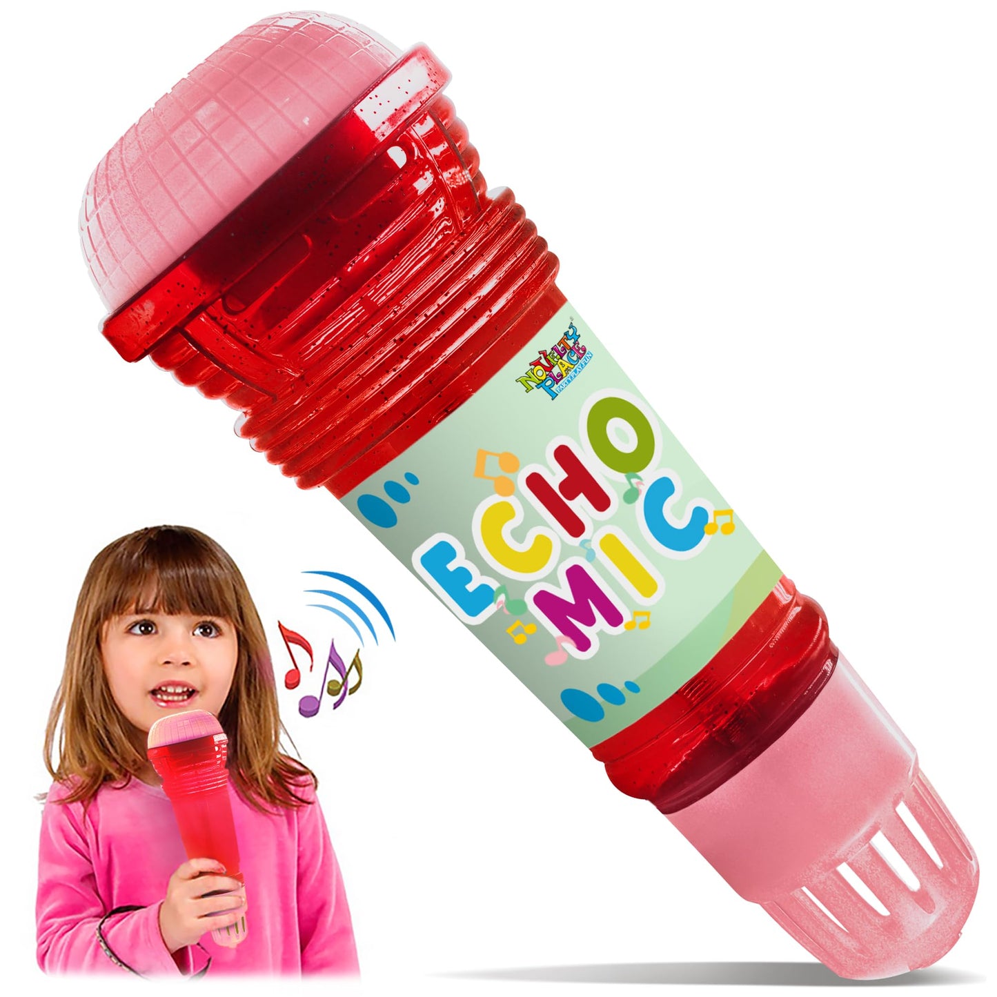 Novelty Place Echo Mic for Kids - Battery-Free Echo Karaoke Microphone (10-inch) Red & Pink