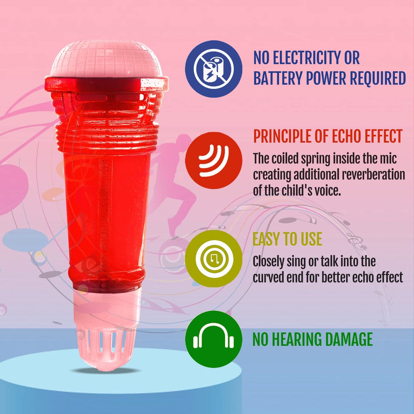 Novelty Place Echo Mic for Kids - Battery-Free Echo Karaoke Microphone (10-inch) Red & Pink