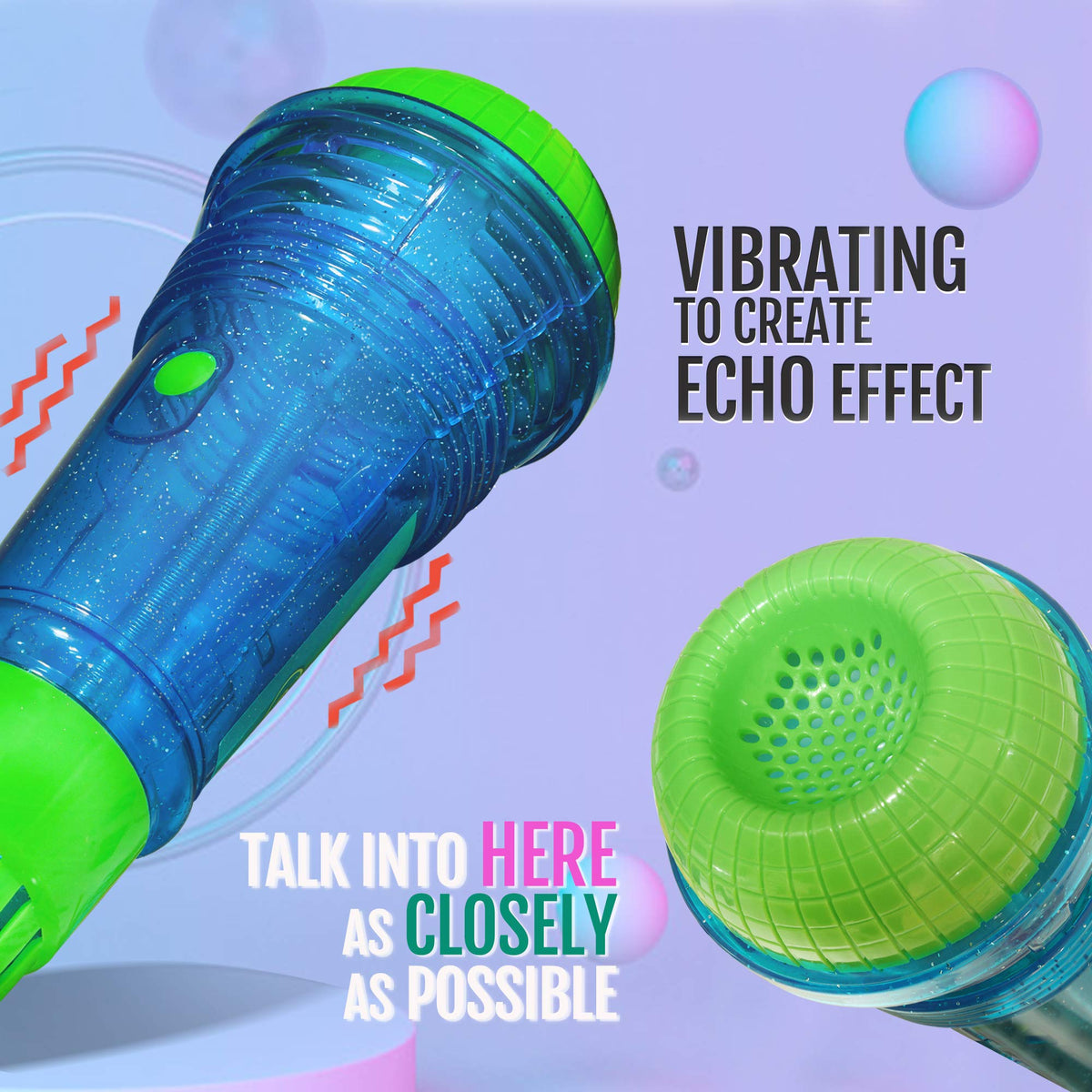 Novelty Place Echo Mic for Kids – Battery-Free Retro Karaoke Microphone 10-Inch Blue & Green