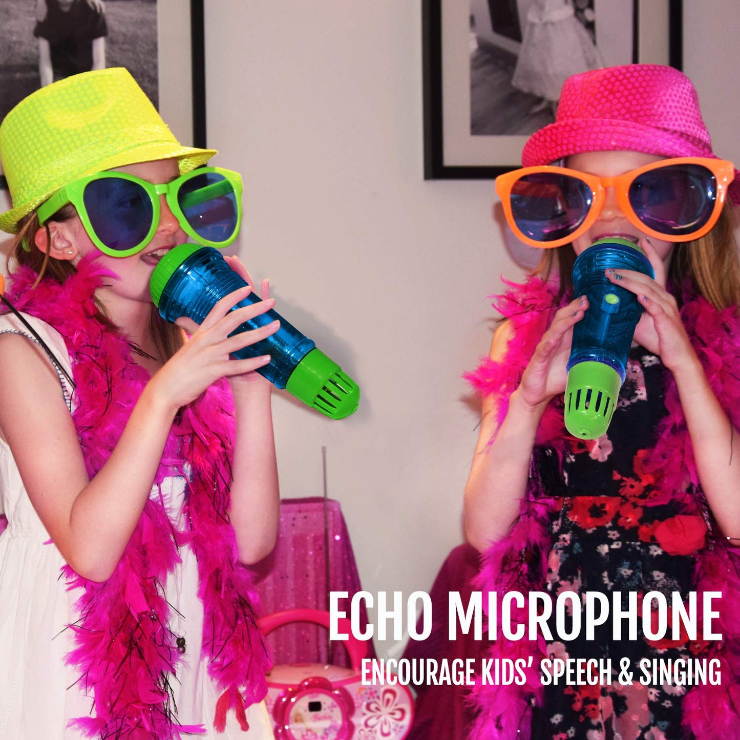 Novelty Place Echo Mic for Kids – Battery-Free Retro Karaoke Microphone 10-Inch Blue & Green