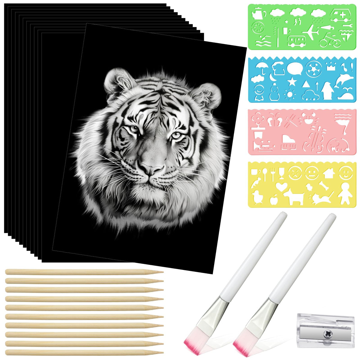Noveread 25-Sheet Black Scratch Paper Set – 8.5 x 11 in with Styluses, Stencils & Sharpener