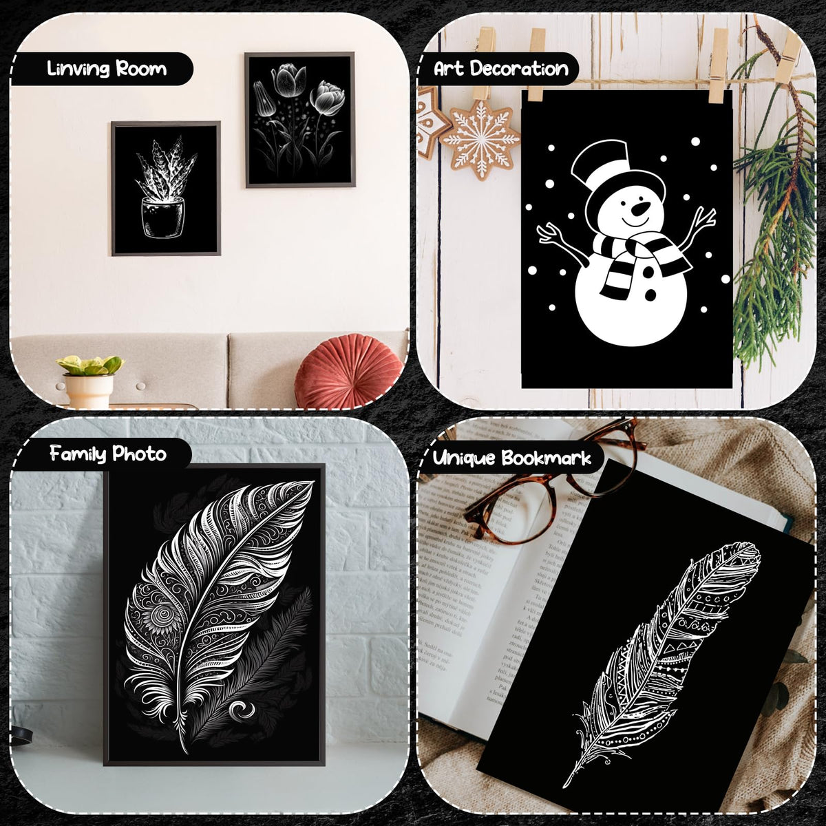 Noveread 25-Sheet Black Scratch Paper Set – 8.5 x 11 in with Styluses, Stencils & Sharpener