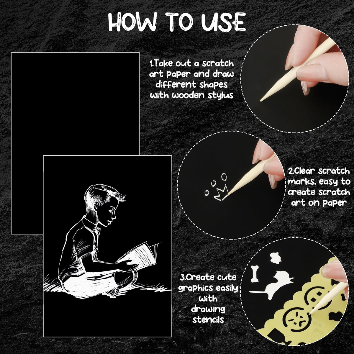 Noveread 25-Sheet Black Scratch Paper Set – 8.5 x 11 in with Styluses, Stencils & Sharpener