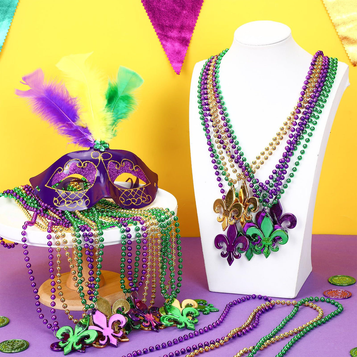 NOVWANG Mardi Gras Necklaces – 21 Pcs Beads with Iris Pendants