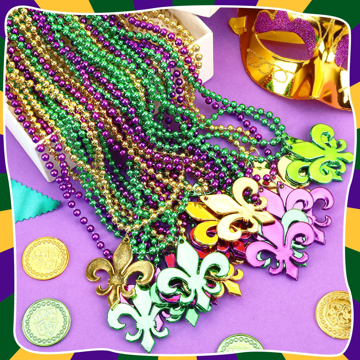 NOVWANG Mardi Gras Necklaces – 21 Pcs Beads with Iris Pendants
