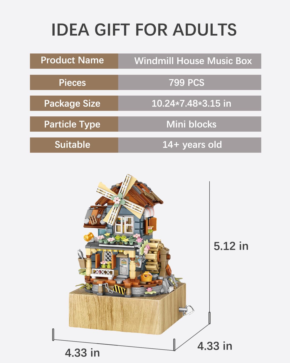 noziaa Music Box Building Blocks Set – Windmill House MOC, 799pcs, Rustic Japanese Farm Toy