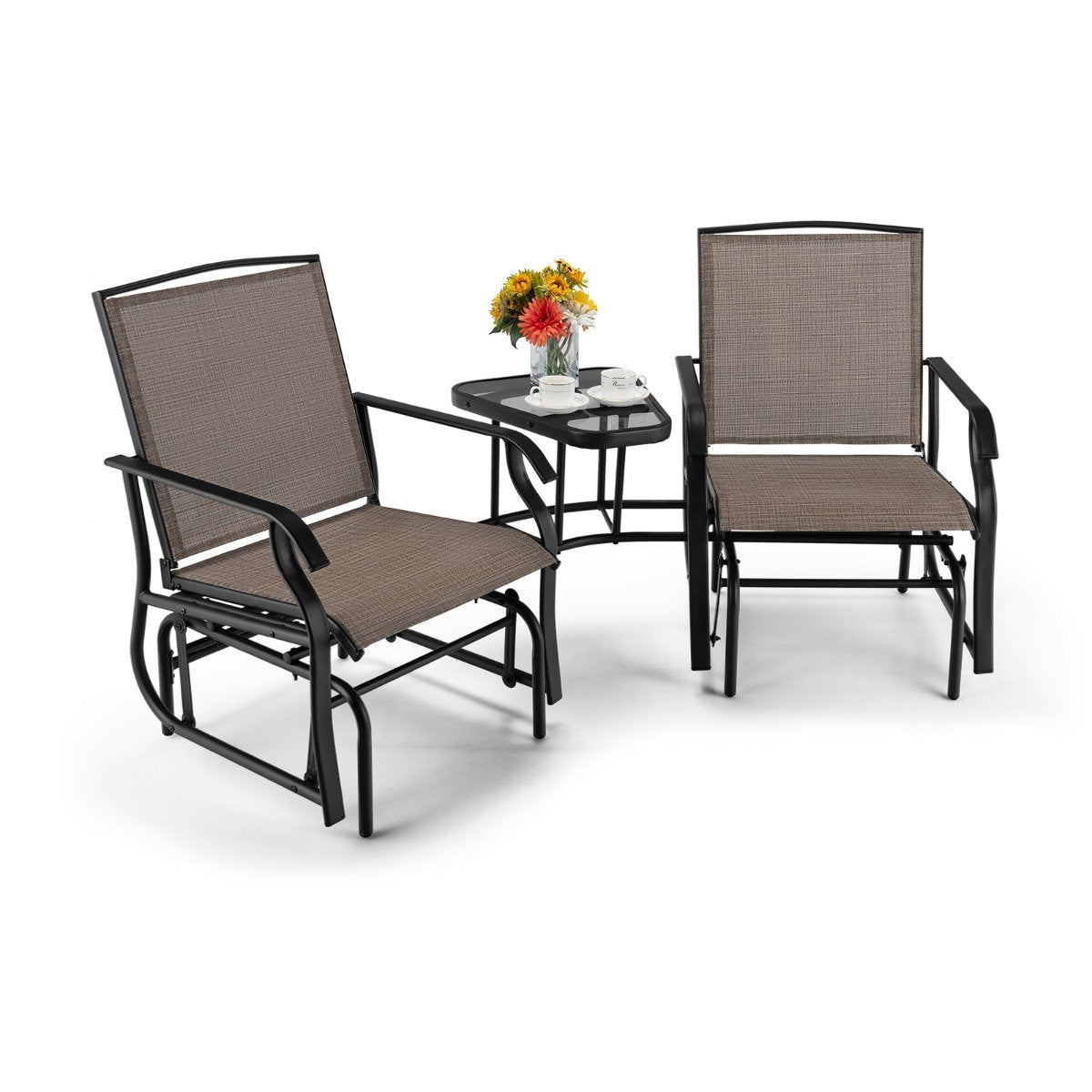 Outdoor Double Swing Glider Chair with Table and Umbrella Hole-Black