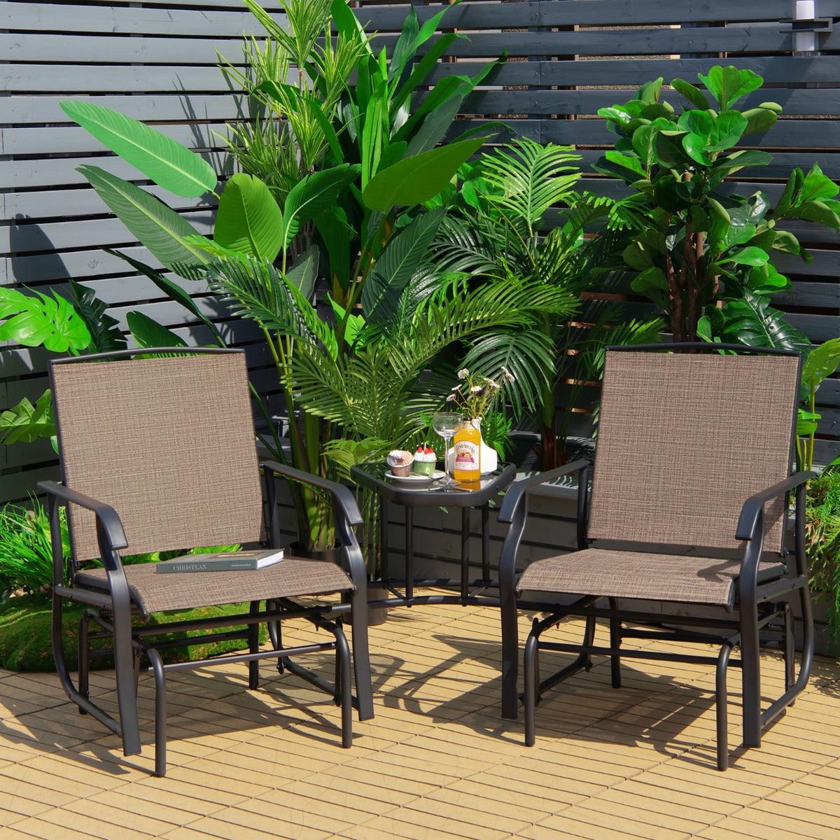 Outdoor Double Swing Glider Chair with Table and Umbrella Hole-Black