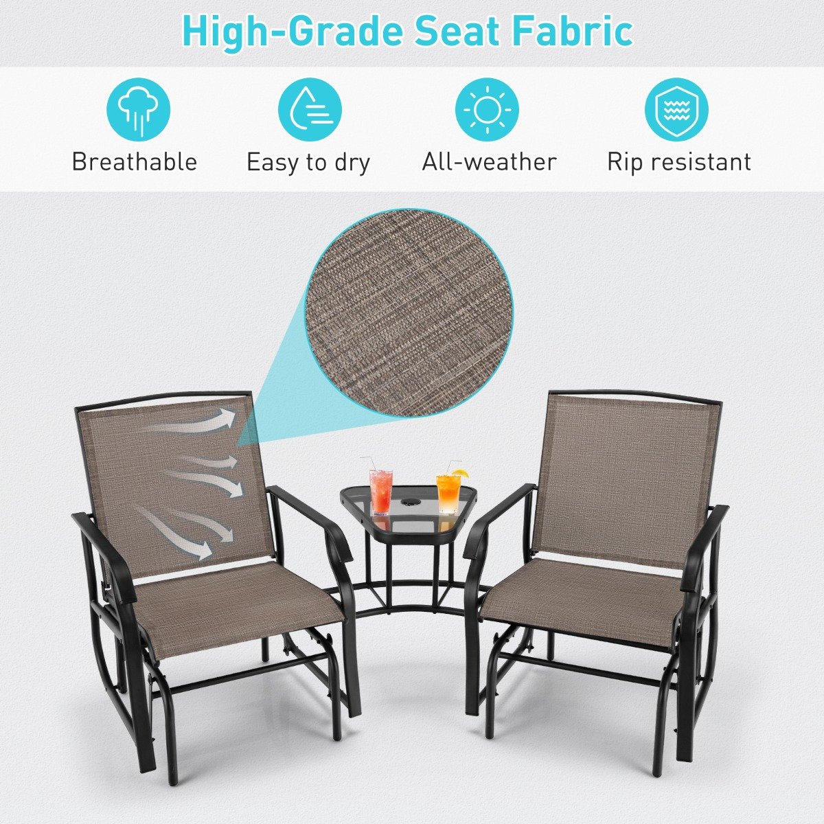 Outdoor Double Swing Glider Chair with Table and Umbrella Hole-Black