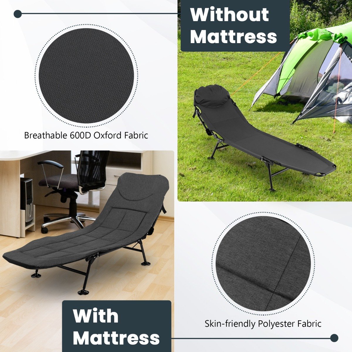 Folding Camping Cot with Detachable Mattress and 6-Position Adjustable Backrest-Navy