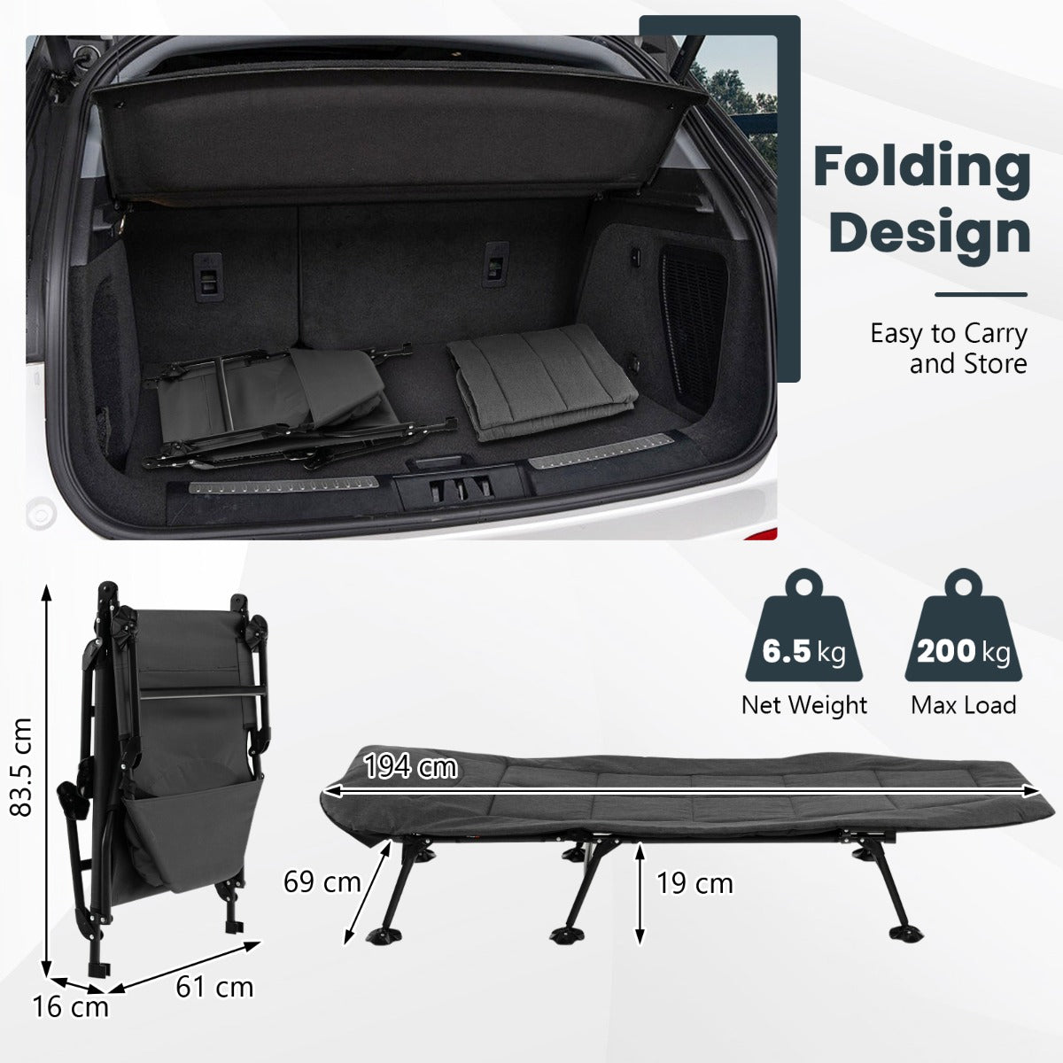 Folding Camping Cot with Detachable Mattress and 6-Position Adjustable Backrest-Navy