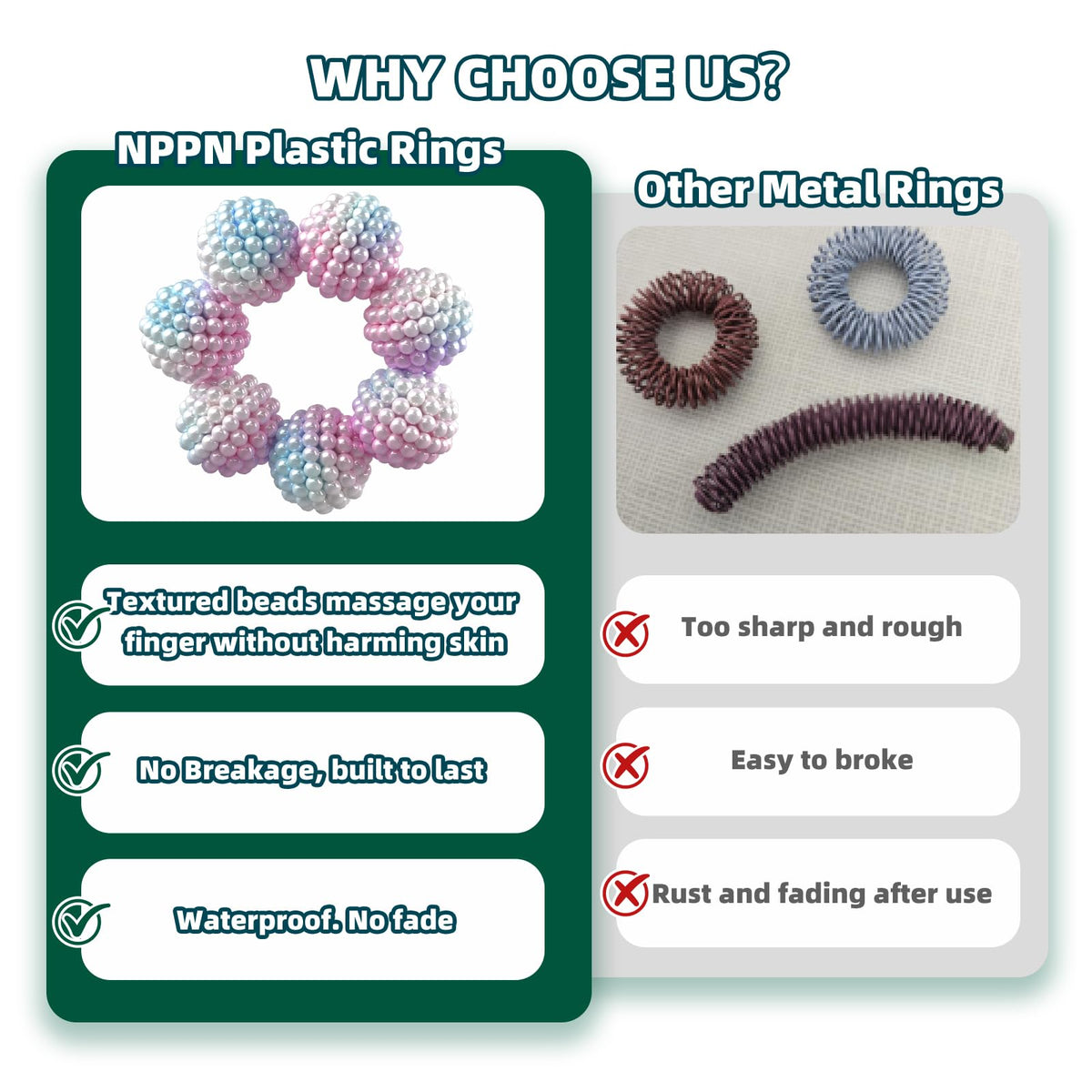 NPPN Spiky Sensory Rings – 10 Pack Fidget Rings for Anxiety Relief, Quiet Acupressure Ring for Adults & Teens