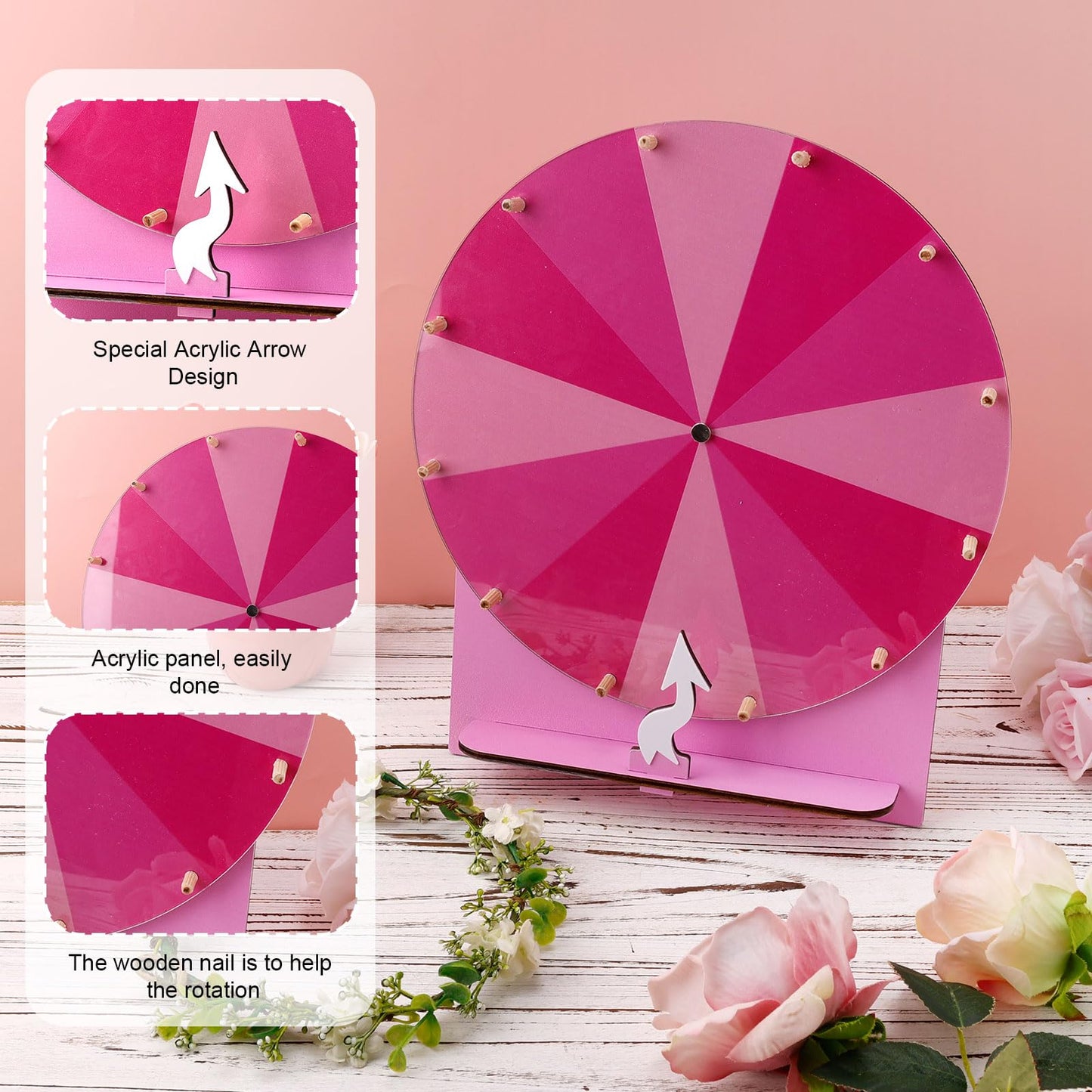 NQEUEPN Wooden Spinning Wheel – 11.4" Prize Wheel (Pink) for Parties & Trade Shows
