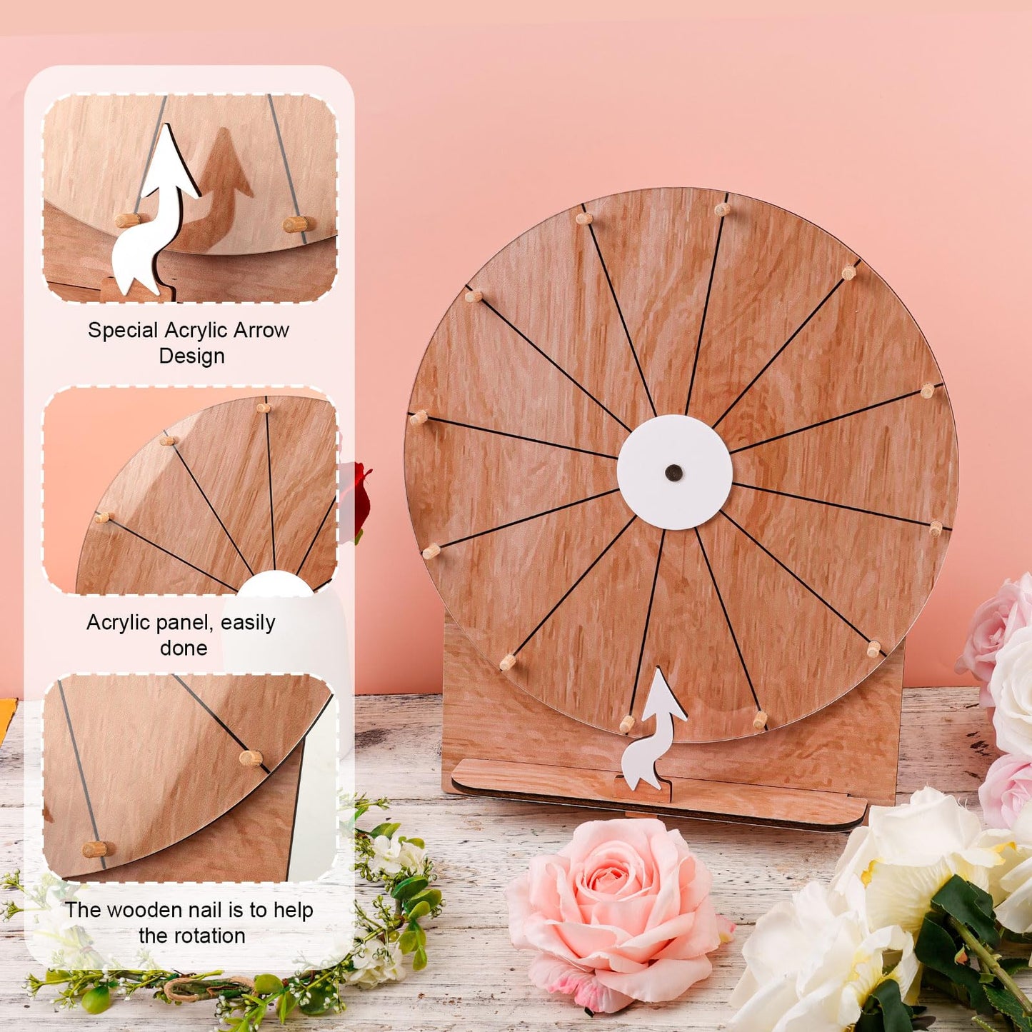 NQEUEPN 11.4 Inch Wooden Prize Wheel – Tabletop Spin Wheel for Weddings & Parties