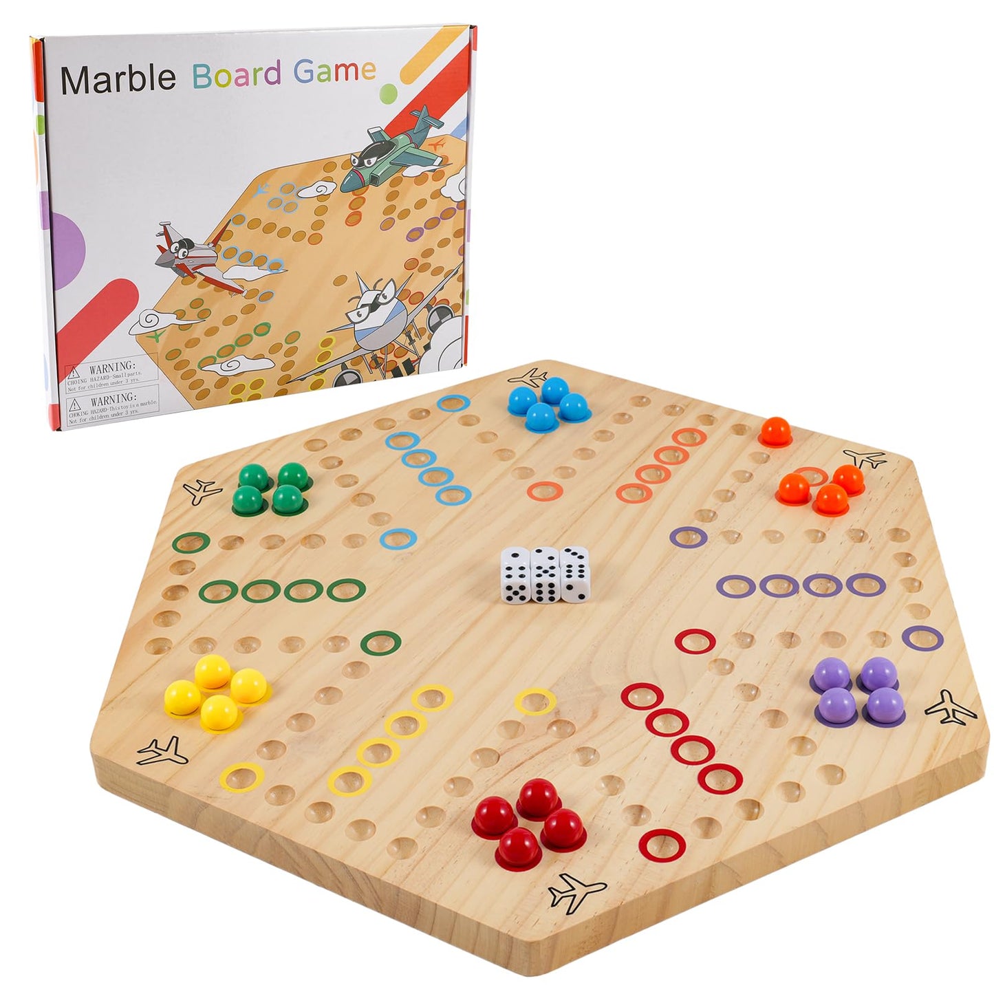 NRZSSN Large 20in Wood Wahoo Marble Board Game - 2-Sided for 4-6 Players