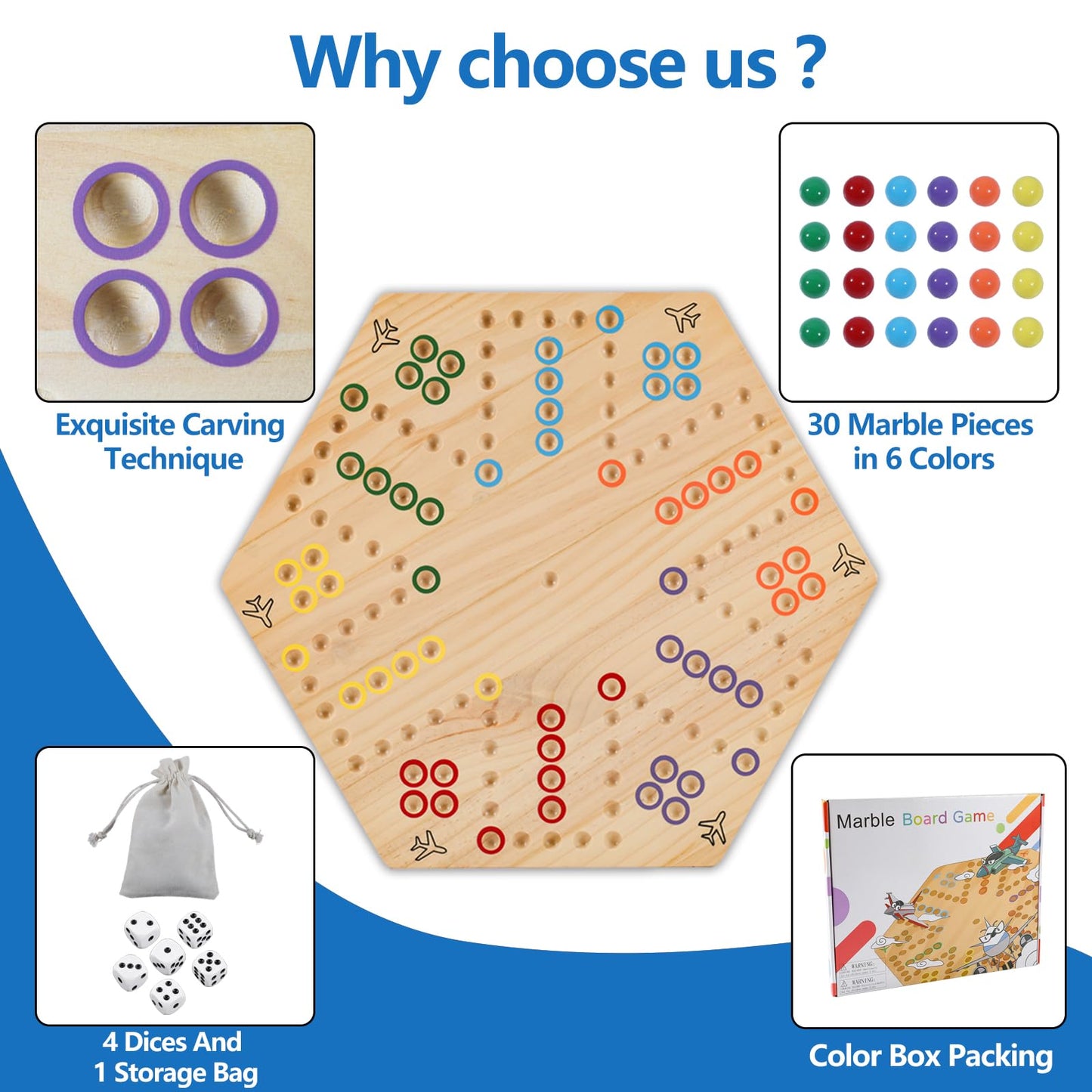 NRZSSN Large 20in Wood Wahoo Marble Board Game - 2-Sided for 4-6 Players
