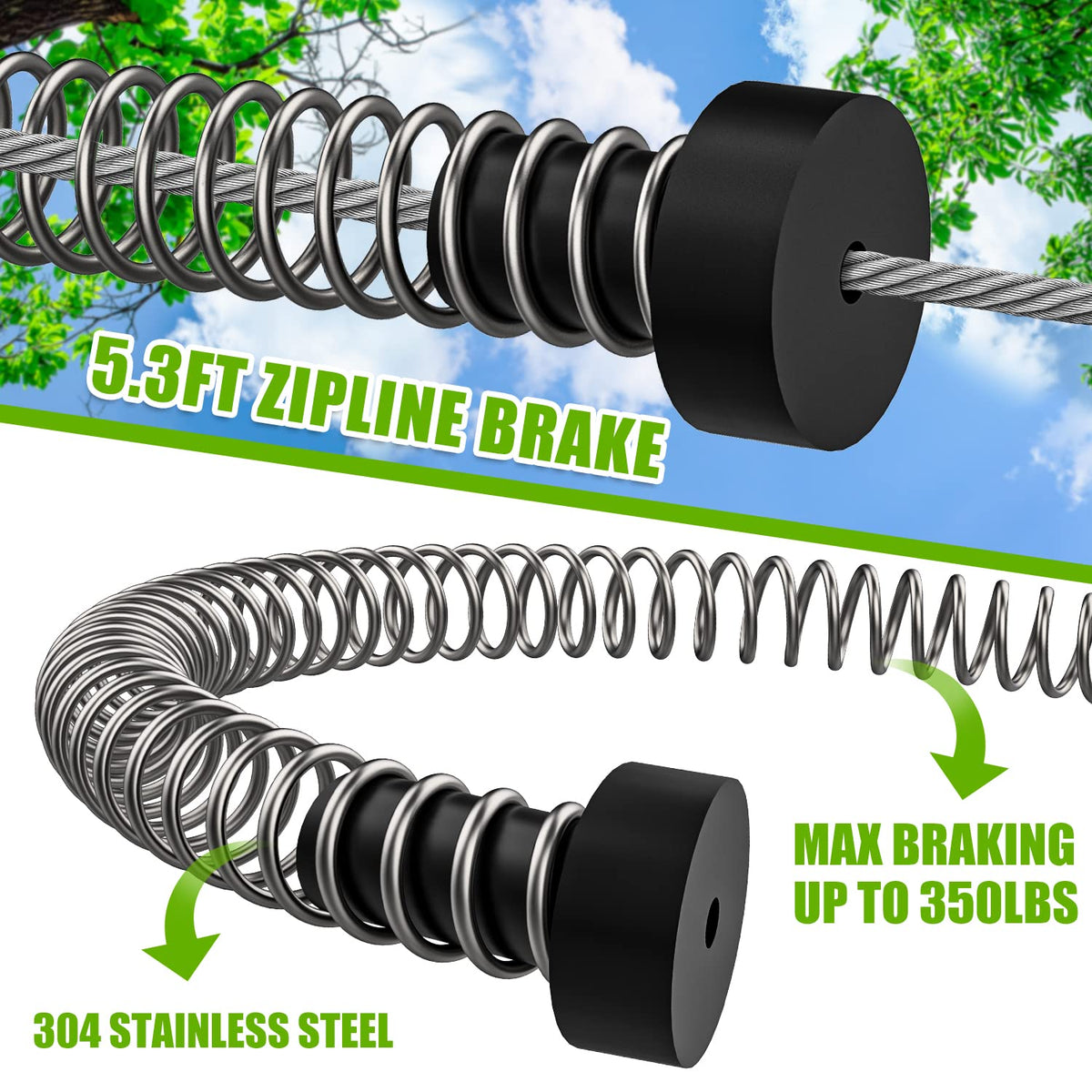NTR Zipline Spring Brake Extra Long 5.3ft – Heavy-Duty Backyard Zip Line Brake System for 3/8-Inch Cable