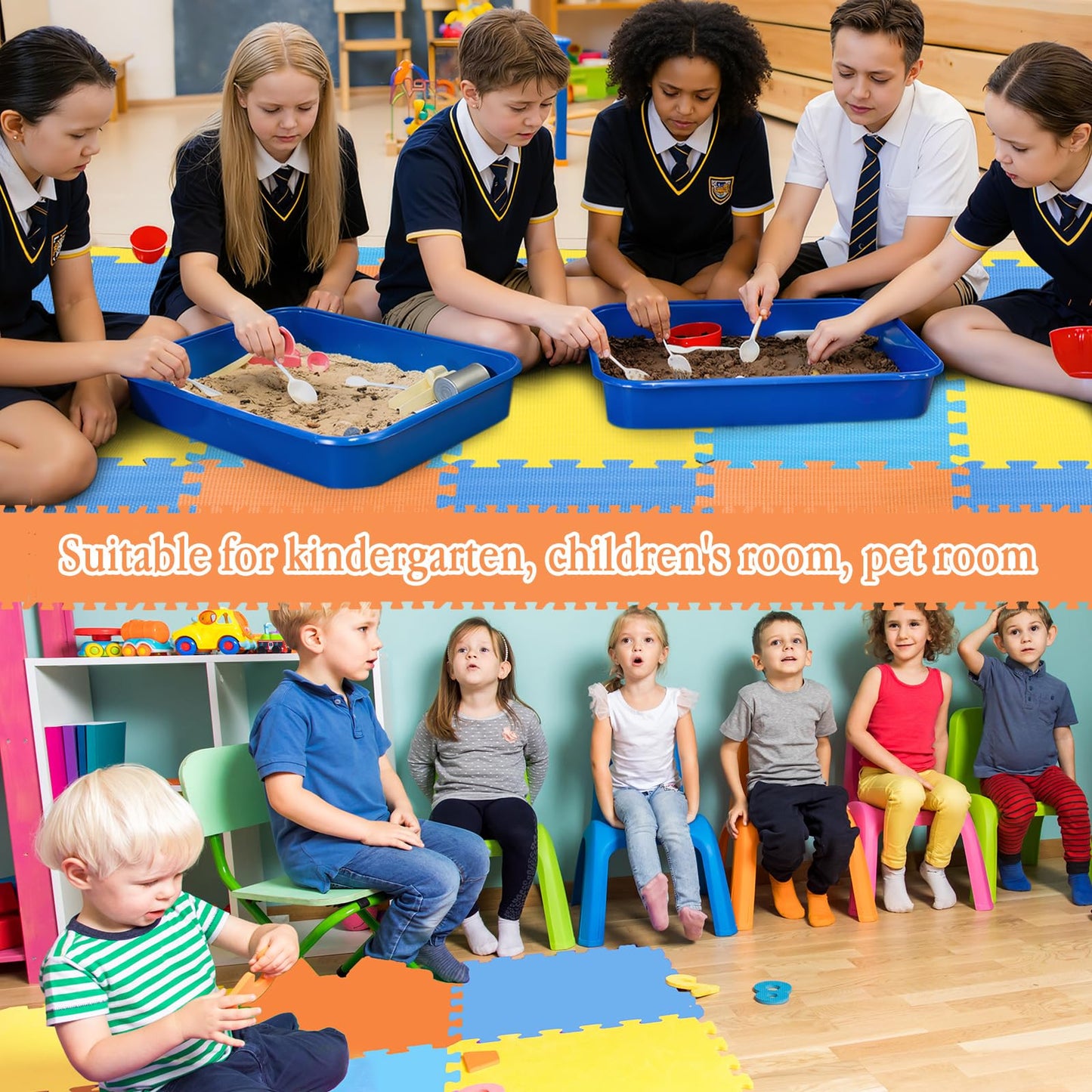 Nuanchu 60 PCS Kids Foam Puzzle Floor Mat Bulk – Interlocking 12-Inch Tiles with Borders (Dark Blue, Light Blue, Orange, Yellow)