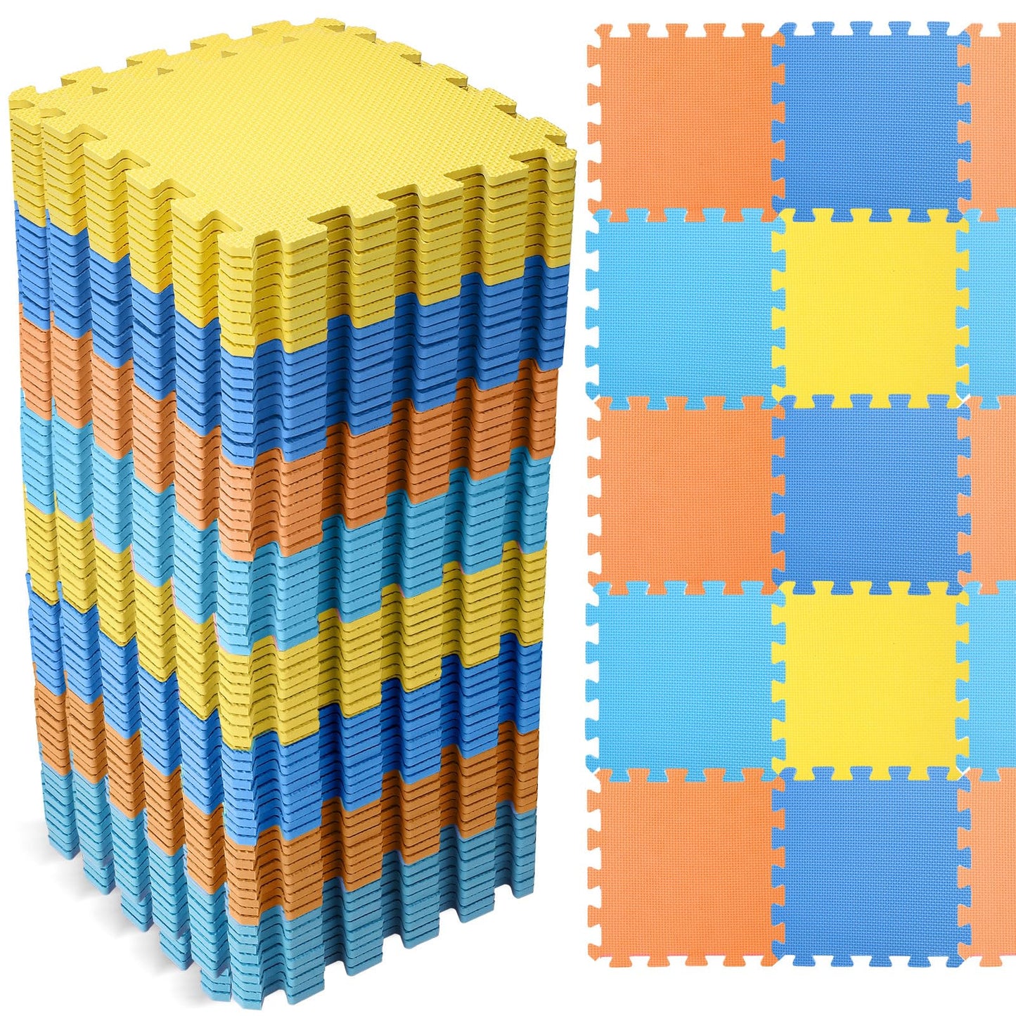 Nuanchu 60 PCS Kids Foam Puzzle Floor Mat Bulk – Interlocking 12-Inch Tiles with Borders (Dark Blue, Light Blue, Orange, Yellow)