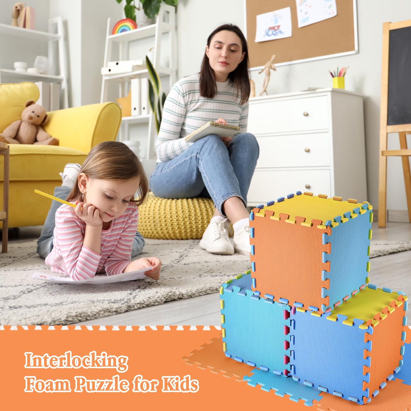 Nuanchu 60 PCS Kids Foam Puzzle Floor Mat Bulk – Interlocking 12-Inch Tiles with Borders (Dark Blue, Light Blue, Orange, Yellow)