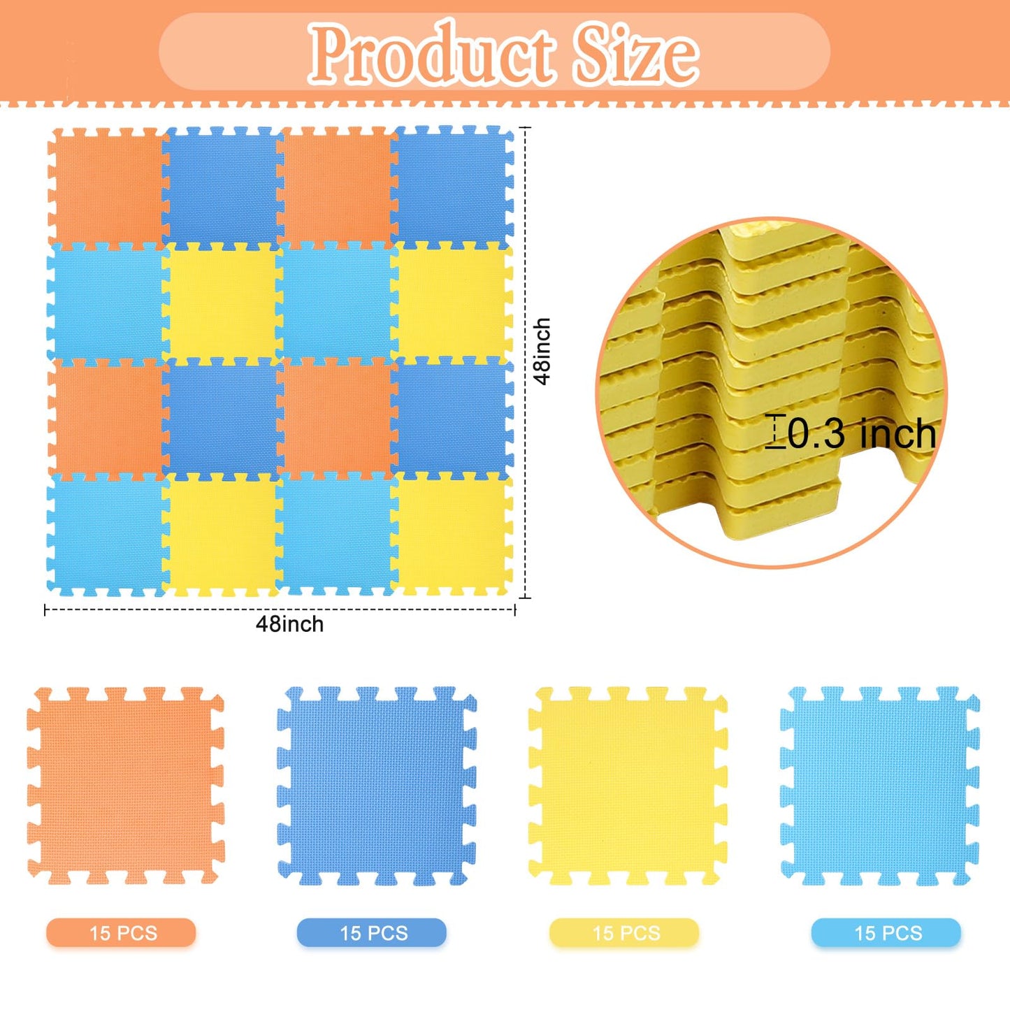 Nuanchu 60 PCS Kids Foam Puzzle Floor Mat Bulk – Interlocking 12-Inch Tiles with Borders (Dark Blue, Light Blue, Orange, Yellow)