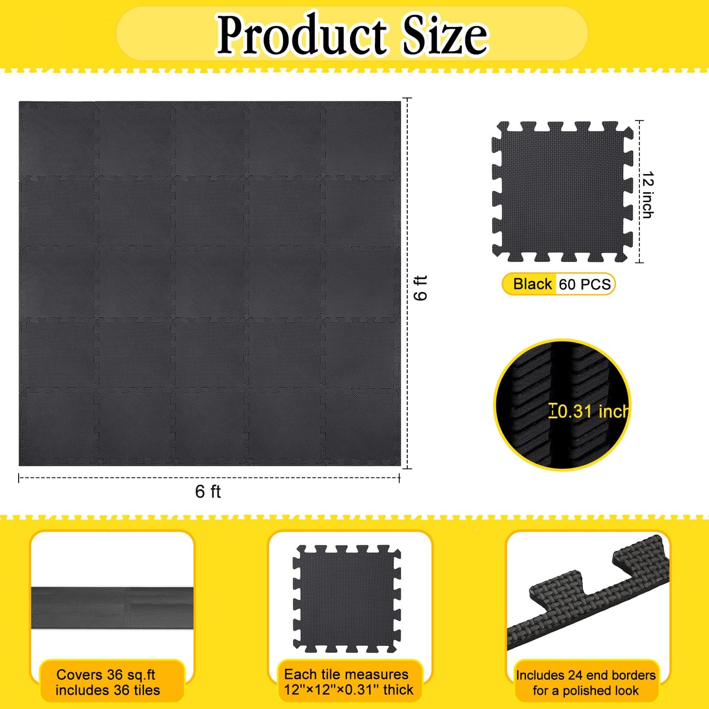 Nuanchu 60PCS Kids Foam Puzzle Floor Mat – Interlocking Black 12-Inch Tiles