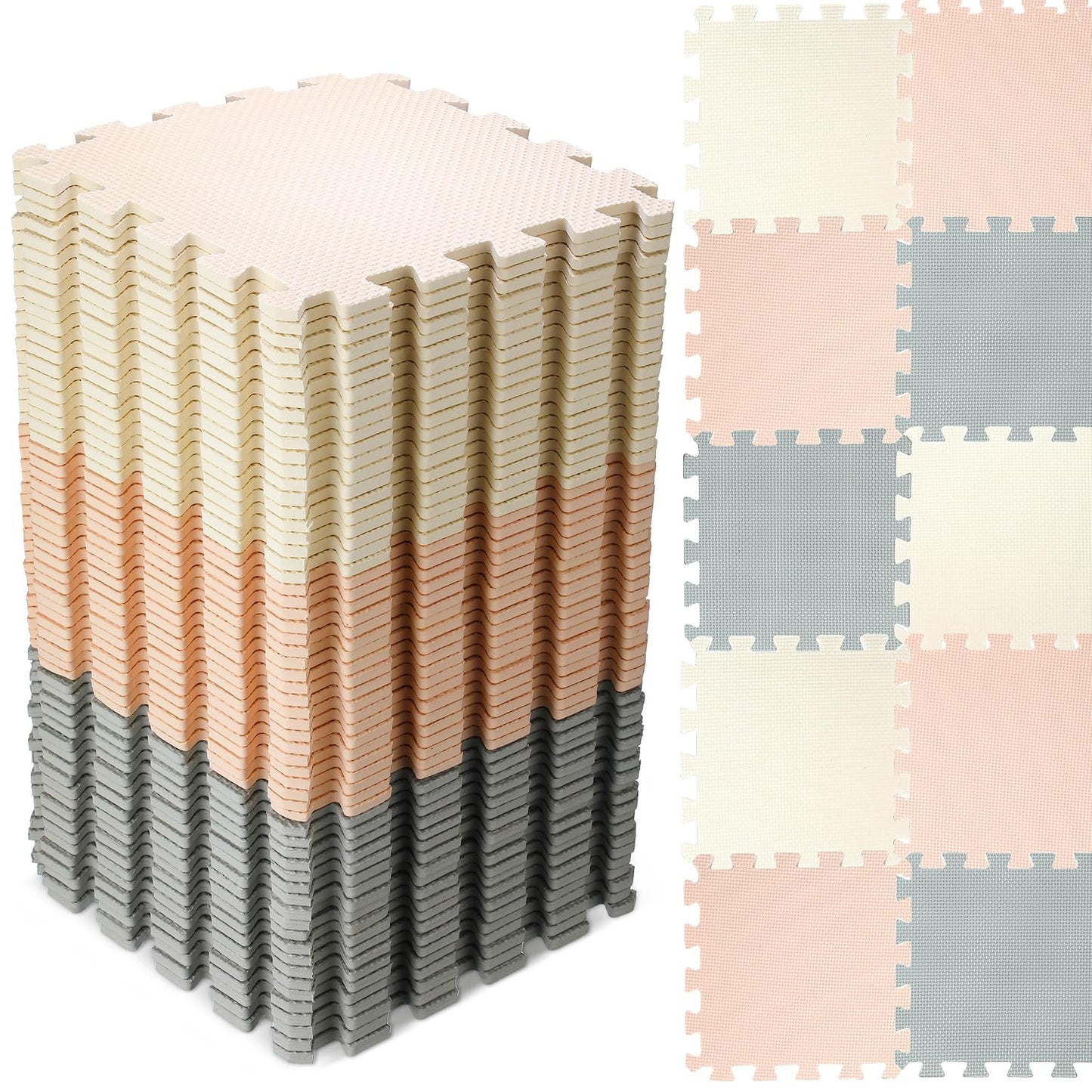 Nuanchu 60 PCS Kids Foam Puzzle Floor Mat Set – Interlocking 12-Inch Solid Color Mats (White Cream Gray)