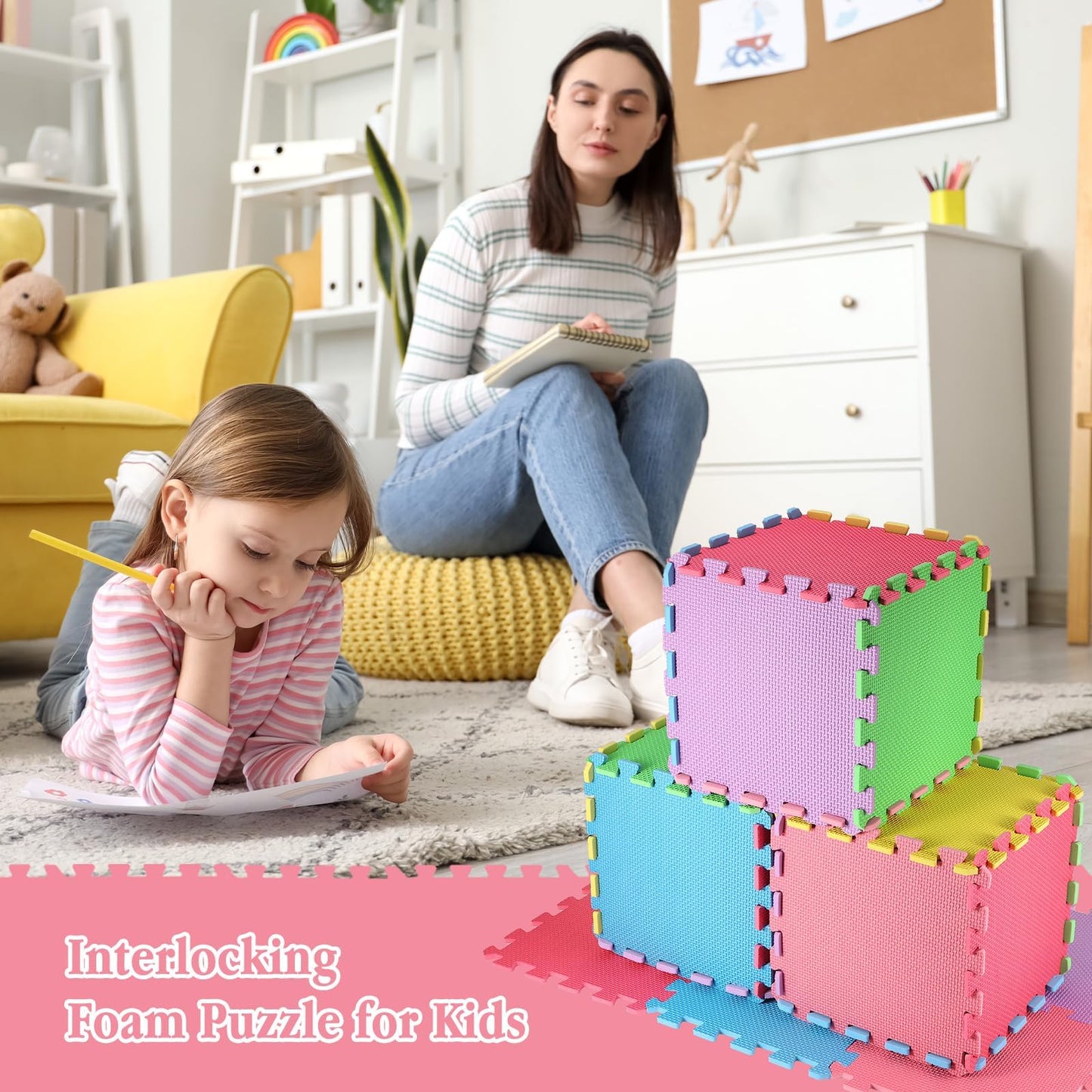Nuanchu 60-Piece Interlocking Foam Puzzle Floor Mats – Colorful 12-Inch Tiles with Borders