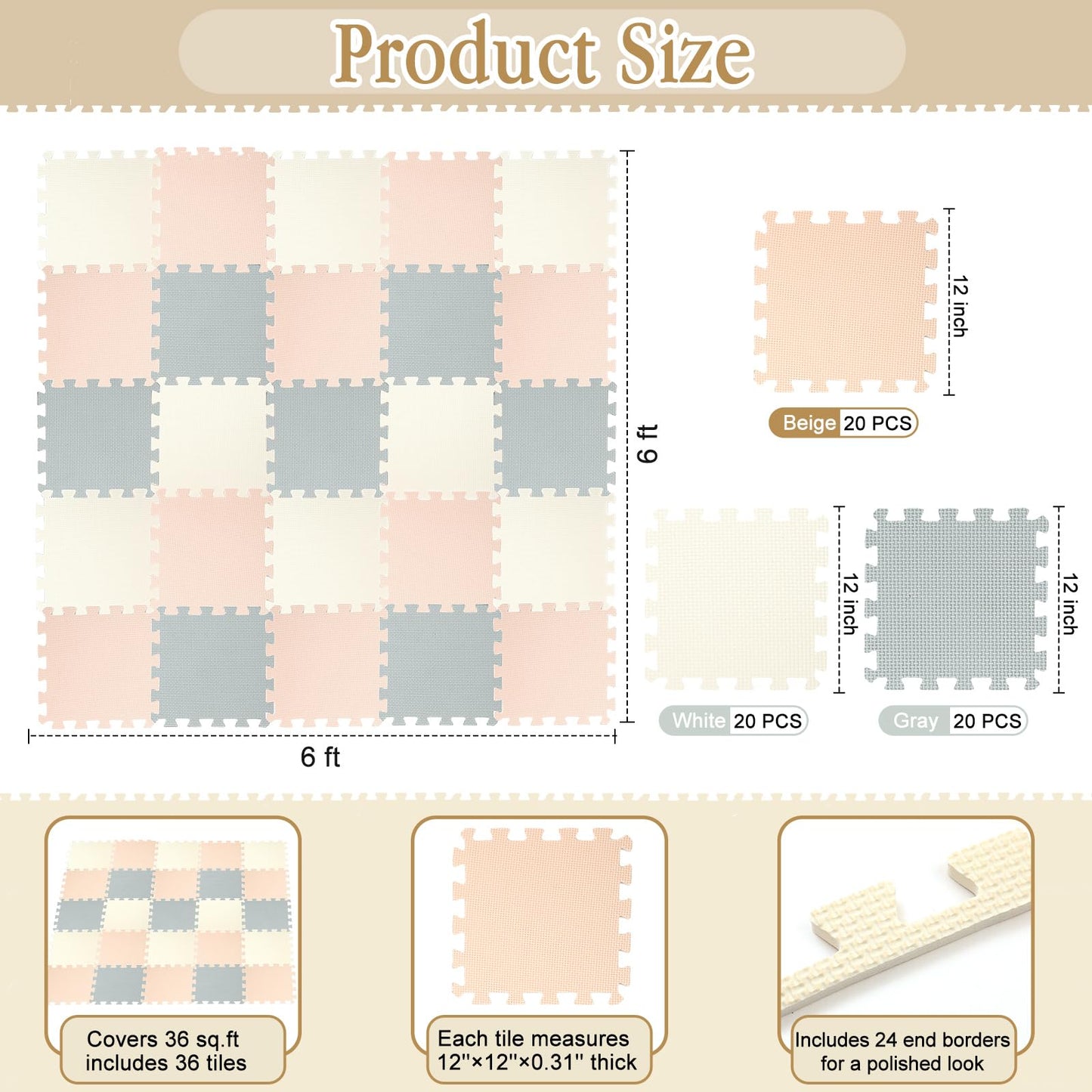 Nuanchu 60 PCS Kids Foam Puzzle Floor Mat Set – Interlocking 12-Inch Solid Color Mats (White Cream Gray)