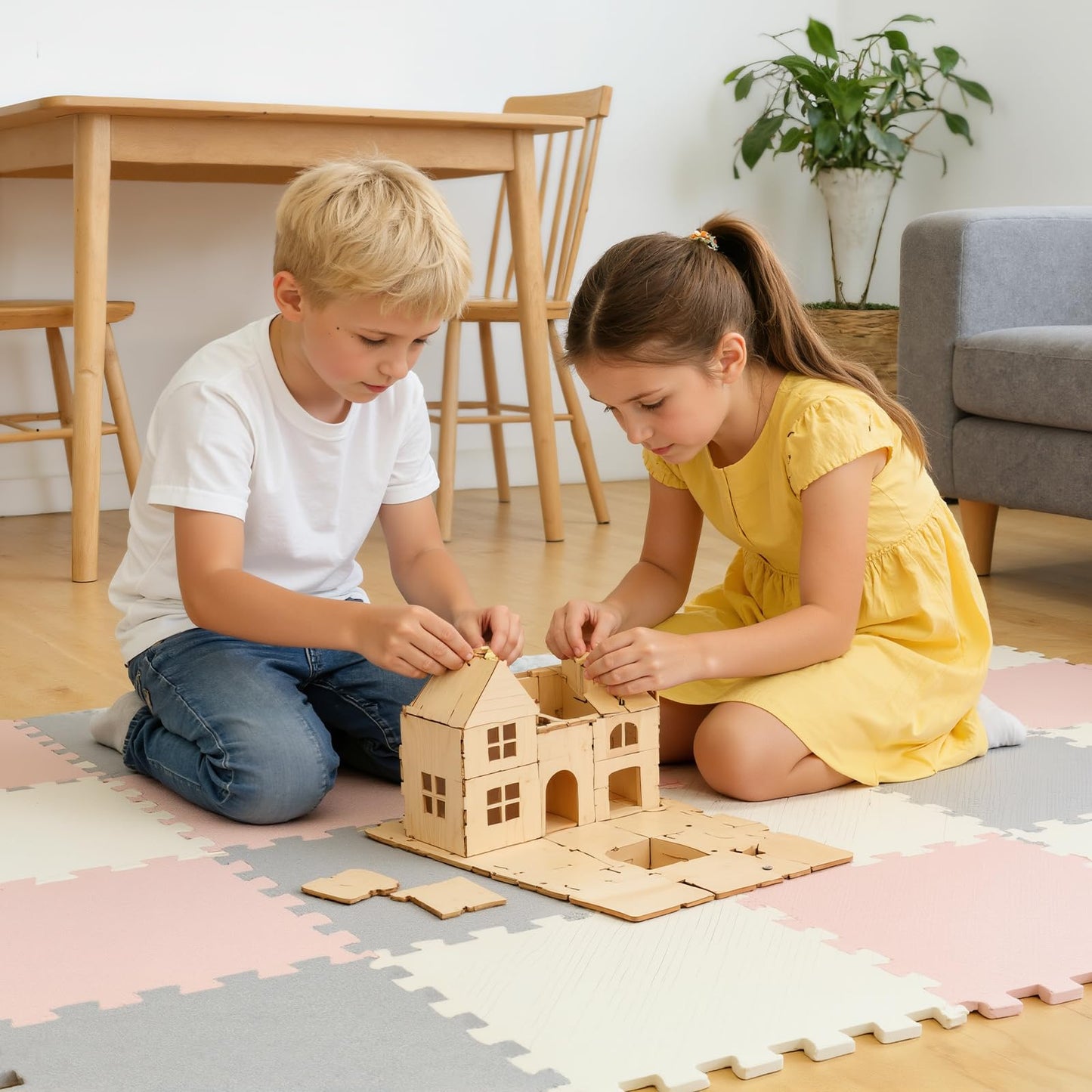 Nuanchu 60 PCS Kids Foam Puzzle Floor Mat Set – Interlocking 12-Inch Solid Color Mats (White Cream Gray)