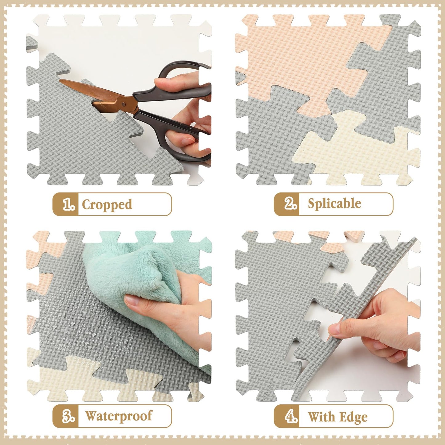 Nuanchu 60 PCS Kids Foam Puzzle Floor Mat Set – Interlocking 12-Inch Solid Color Mats (White Cream Gray)
