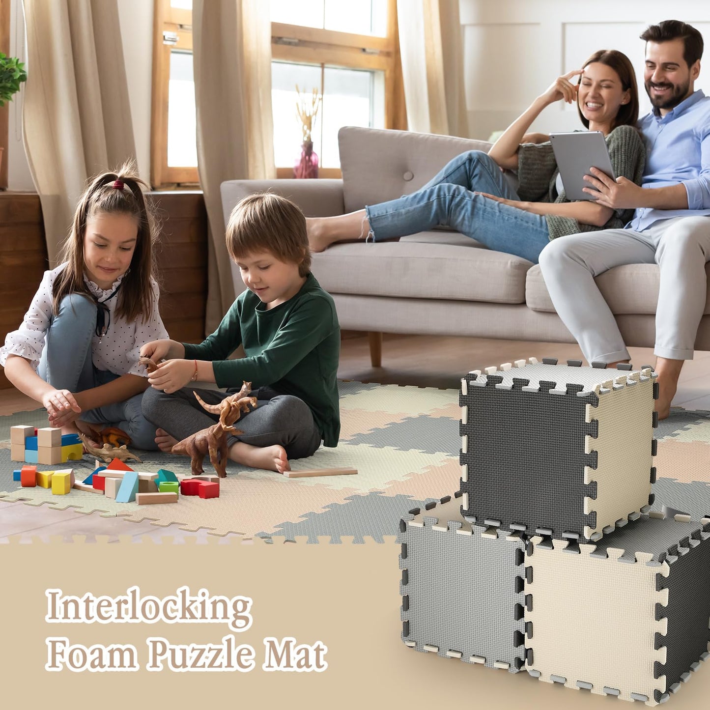 Nuanchu 60 PCS Kids Foam Puzzle Floor Mat Set – Interlocking 12-Inch Solid Color Mats (White Cream Gray)