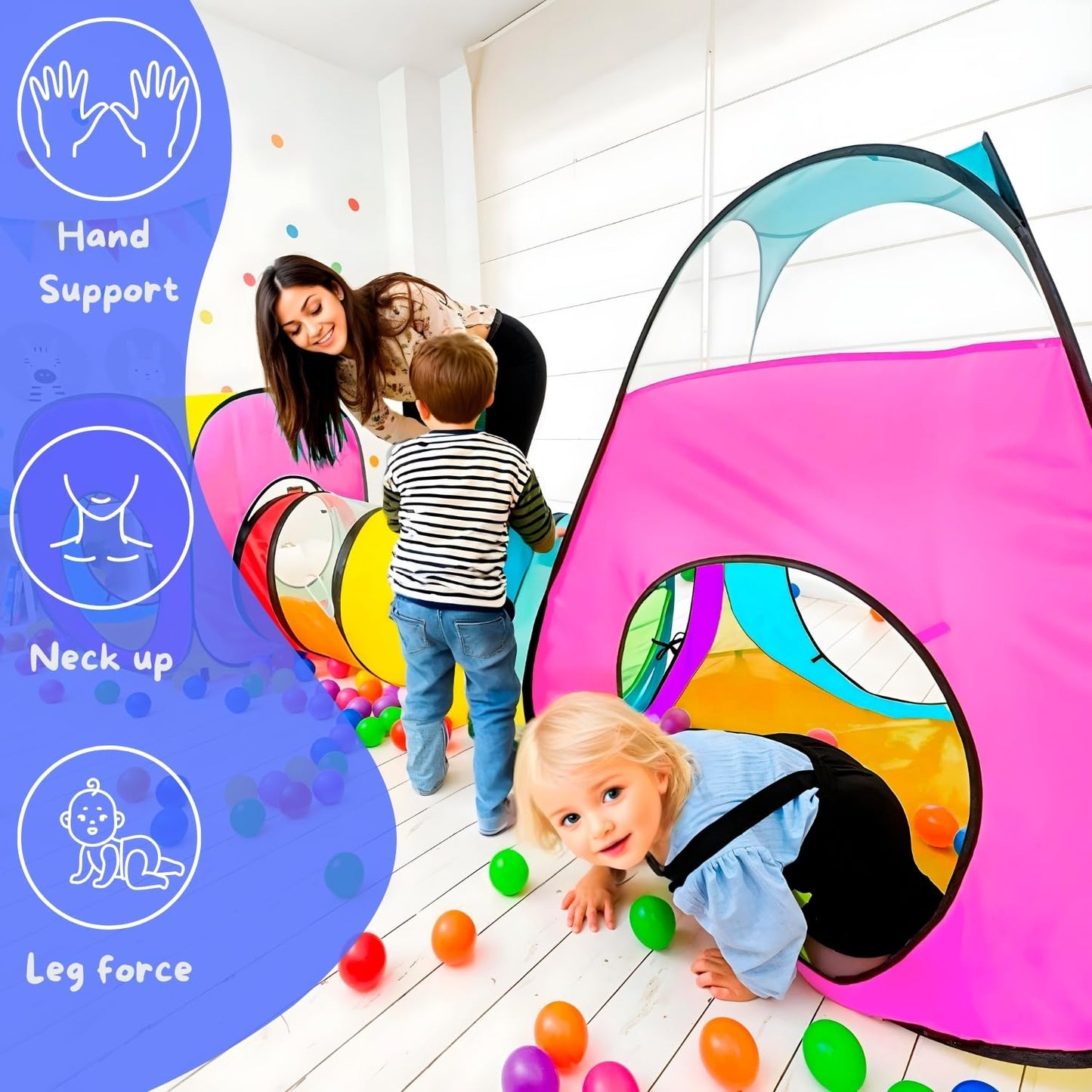 NUBUNI 4pc Pop Up Play Tent Set - 2 Tunnels + 2 Tents for Indoor & Outdoor Play