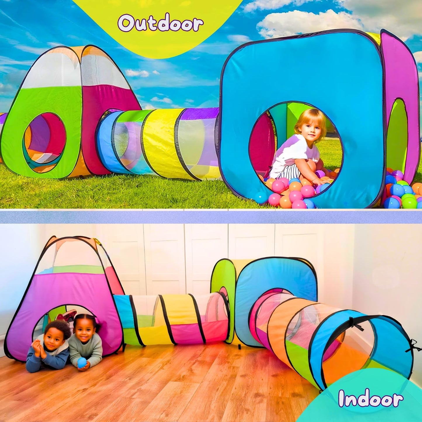 NUBUNI 4pc Pop Up Play Tent Set - 2 Tunnels + 2 Tents for Indoor & Outdoor Play
