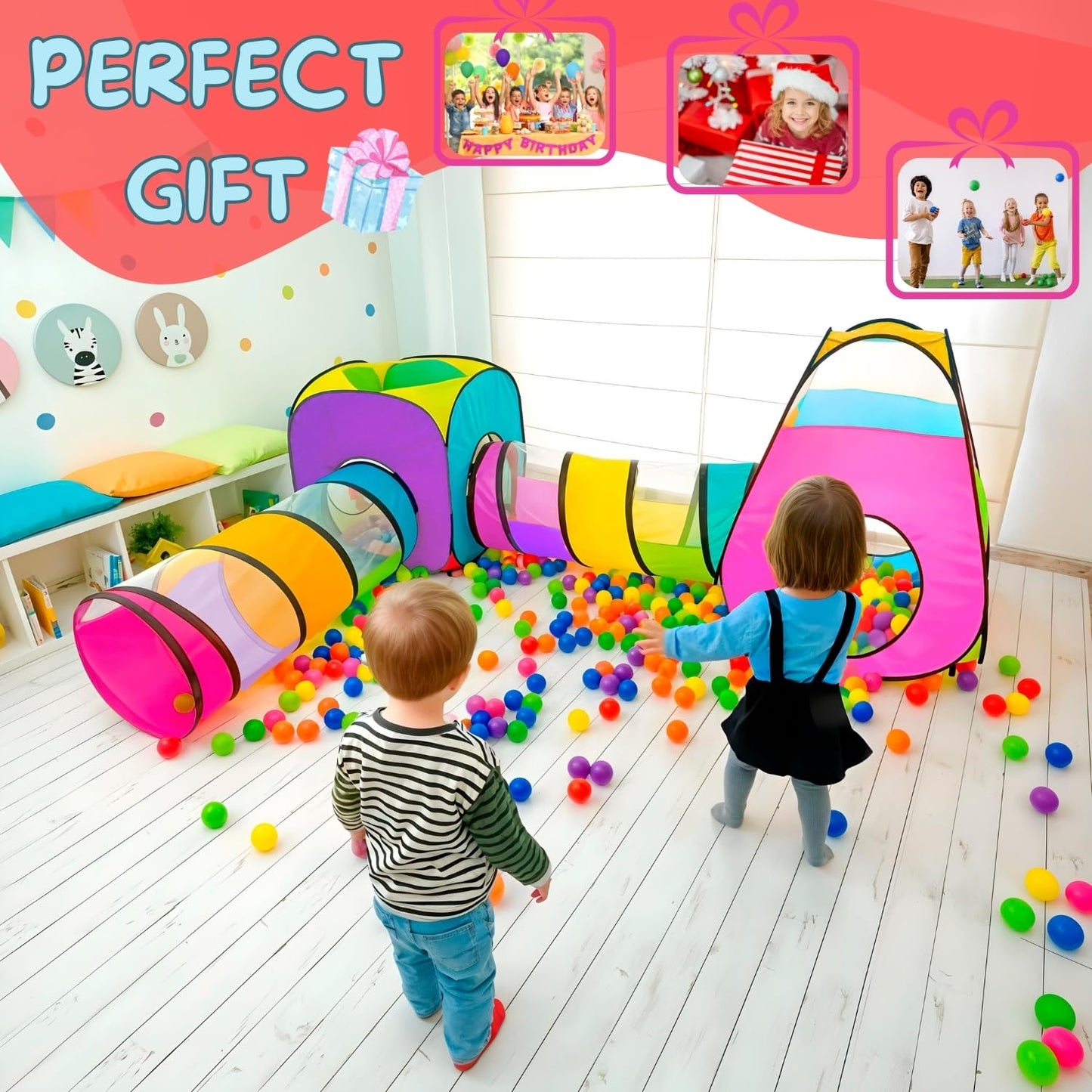 NUBUNI 4pc Pop Up Play Tent Set - 2 Tunnels + 2 Tents for Indoor & Outdoor Play
