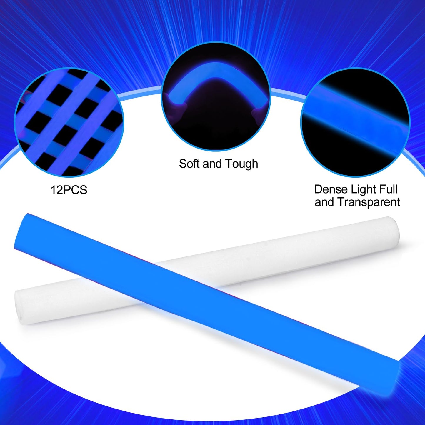 NUDALA Glow Foam Sticks Bulk – 24 Blue LED Light Up Sticks, 3 Modes
