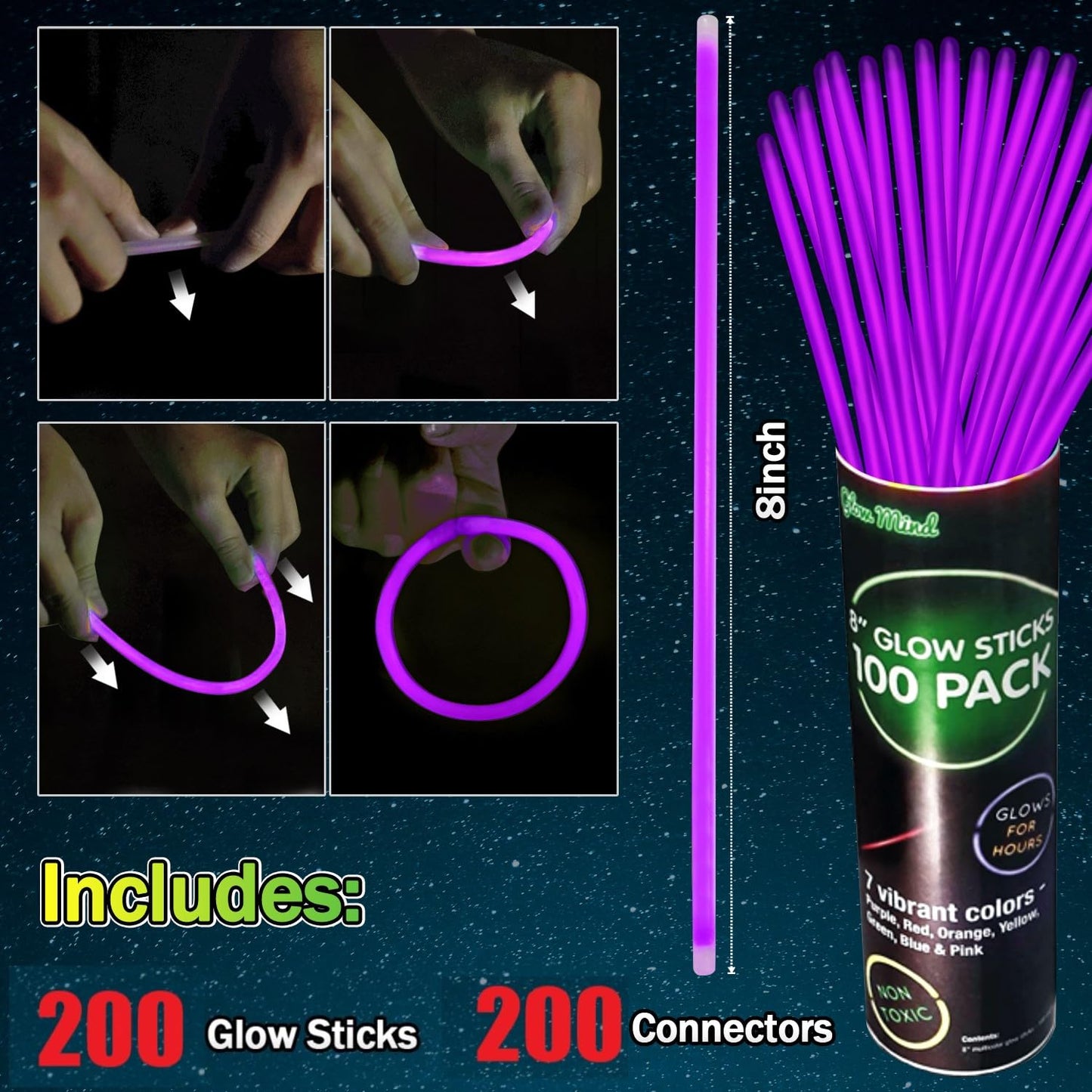 NUDALA 200 Pcs Purple Glow Sticks with Connectors – 8" Bracelets & Necklaces Bulk Kit for Parties, Holidays & Emergencies