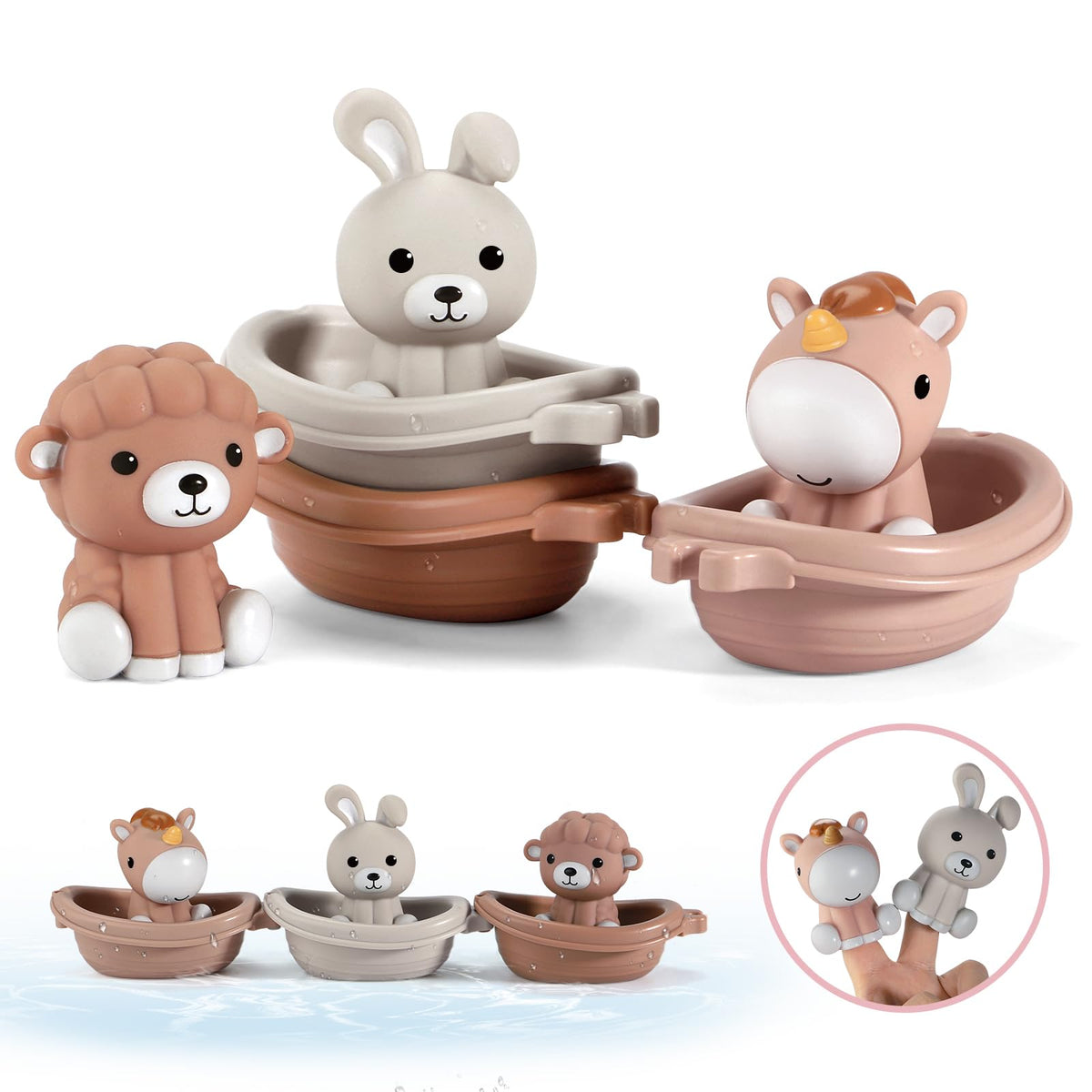 Nueplay Bathtub Toys for Toddlers 18M+ — 3 Stackable Boats + 3 Animal Finger Puppets