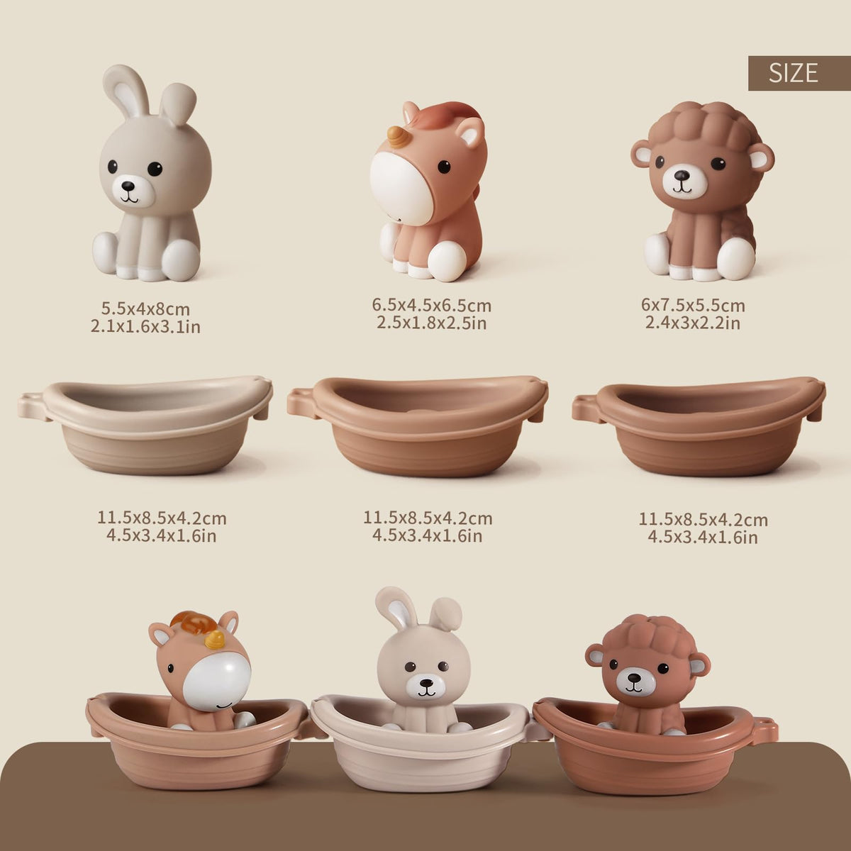 Nueplay Bathtub Toys for Toddlers 18M+ — 3 Stackable Boats + 3 Animal Finger Puppets