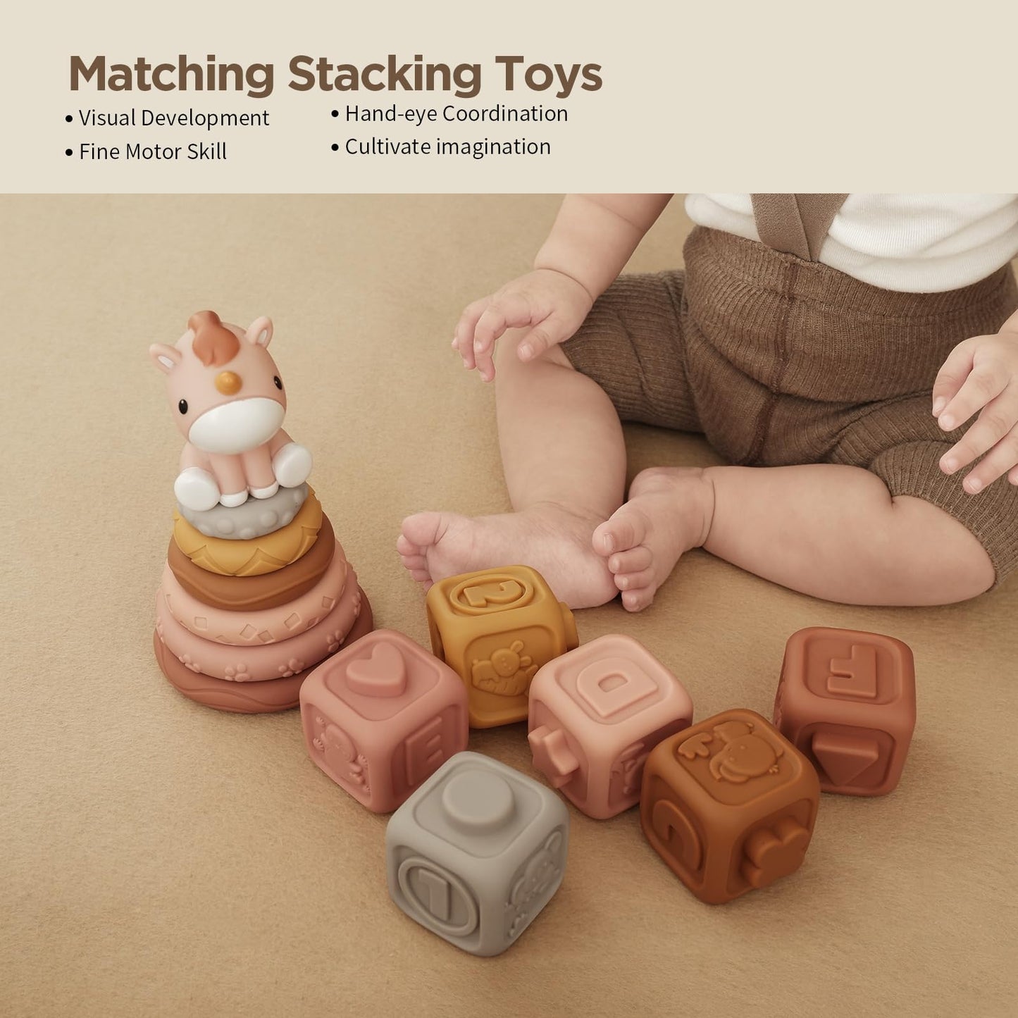 Nueplay Soft Stacking Toys for Baby Girls – 12-Piece Ring & Block Set with Unicorn Topper
