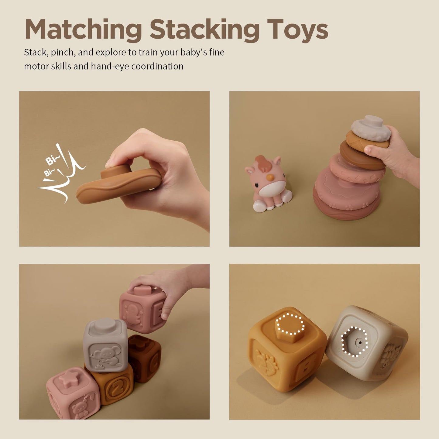 Nueplay Soft Stacking Toys for Baby Girls – 12-Piece Ring & Block Set with Unicorn Topper
