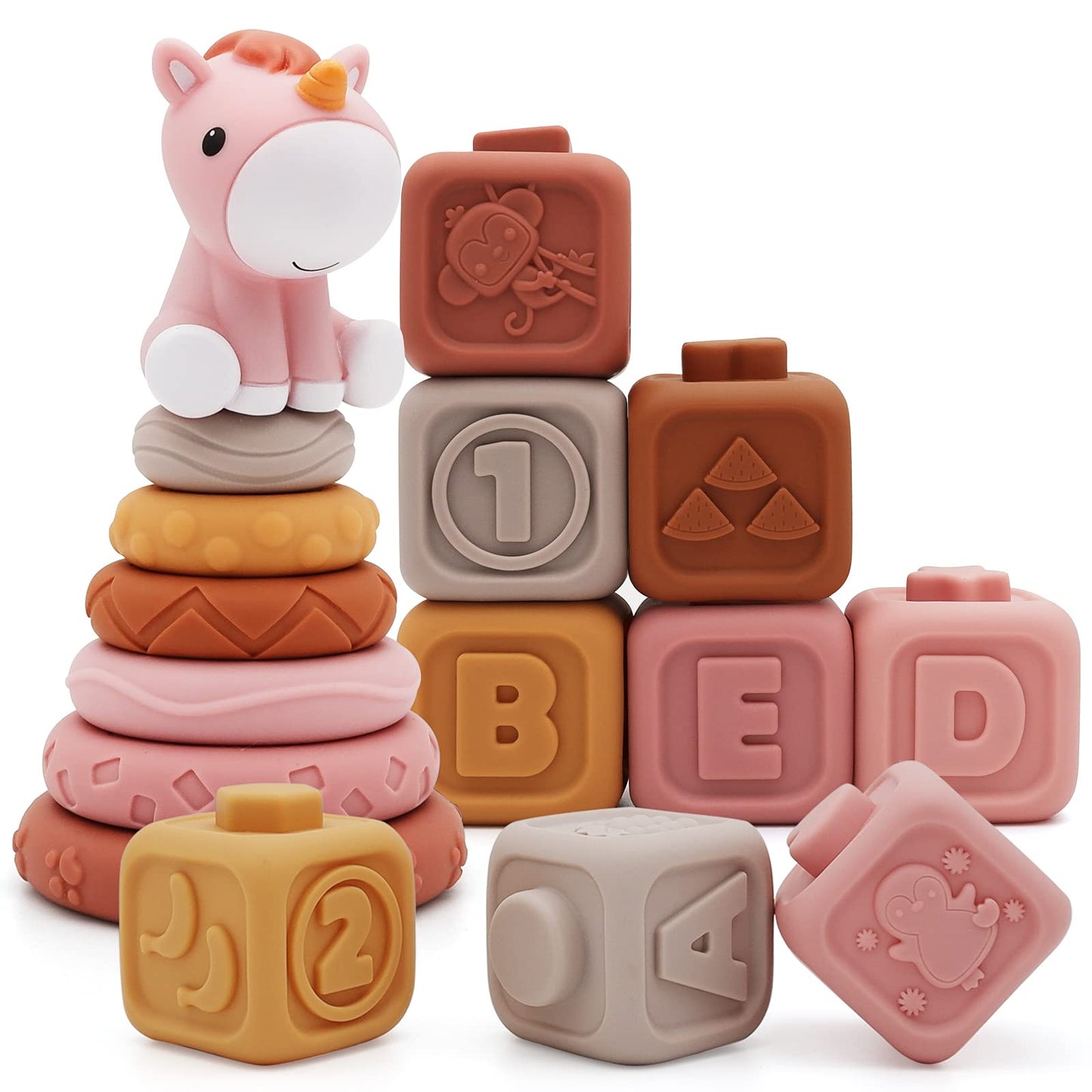 Nueplay Soft Stacking Toys for Baby Girls – 12-Piece Ring & Block Set with Unicorn Topper
