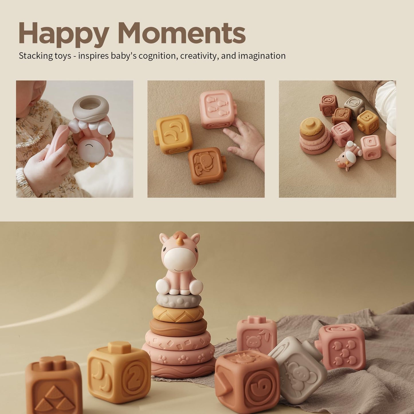 Nueplay Soft Stacking Toys for Baby Girls – 12-Piece Ring & Block Set with Unicorn Topper